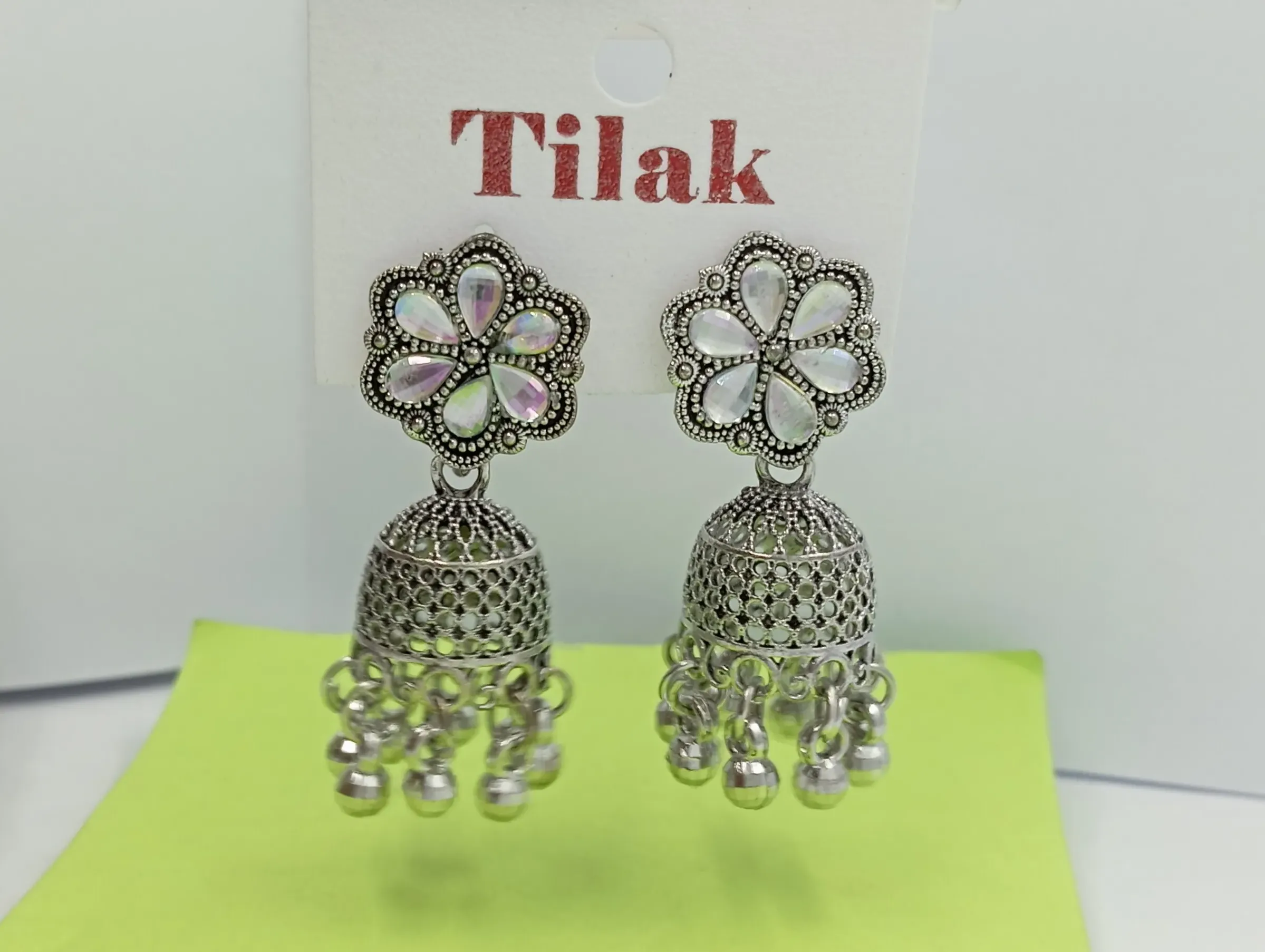 Oxidised Floral Stud Jhumka Earrings with Metallic Bells