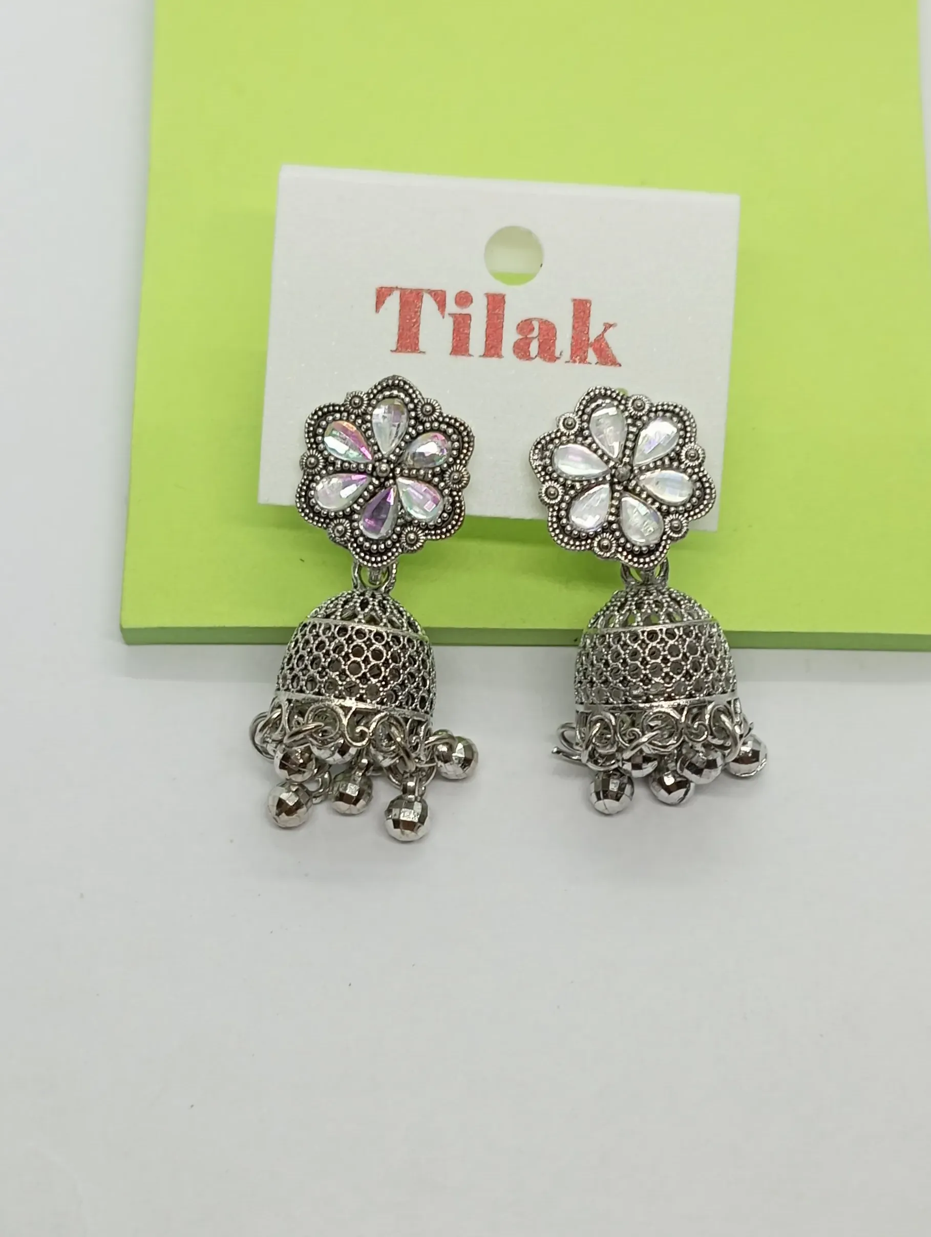 Oxidised Floral Stud Jhumka Earrings with Metallic Bells