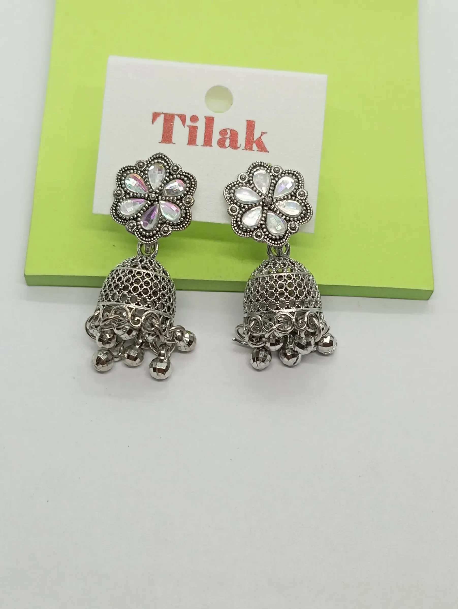 Oxidised Floral Stud Jhumka Earrings with Metallic Bells