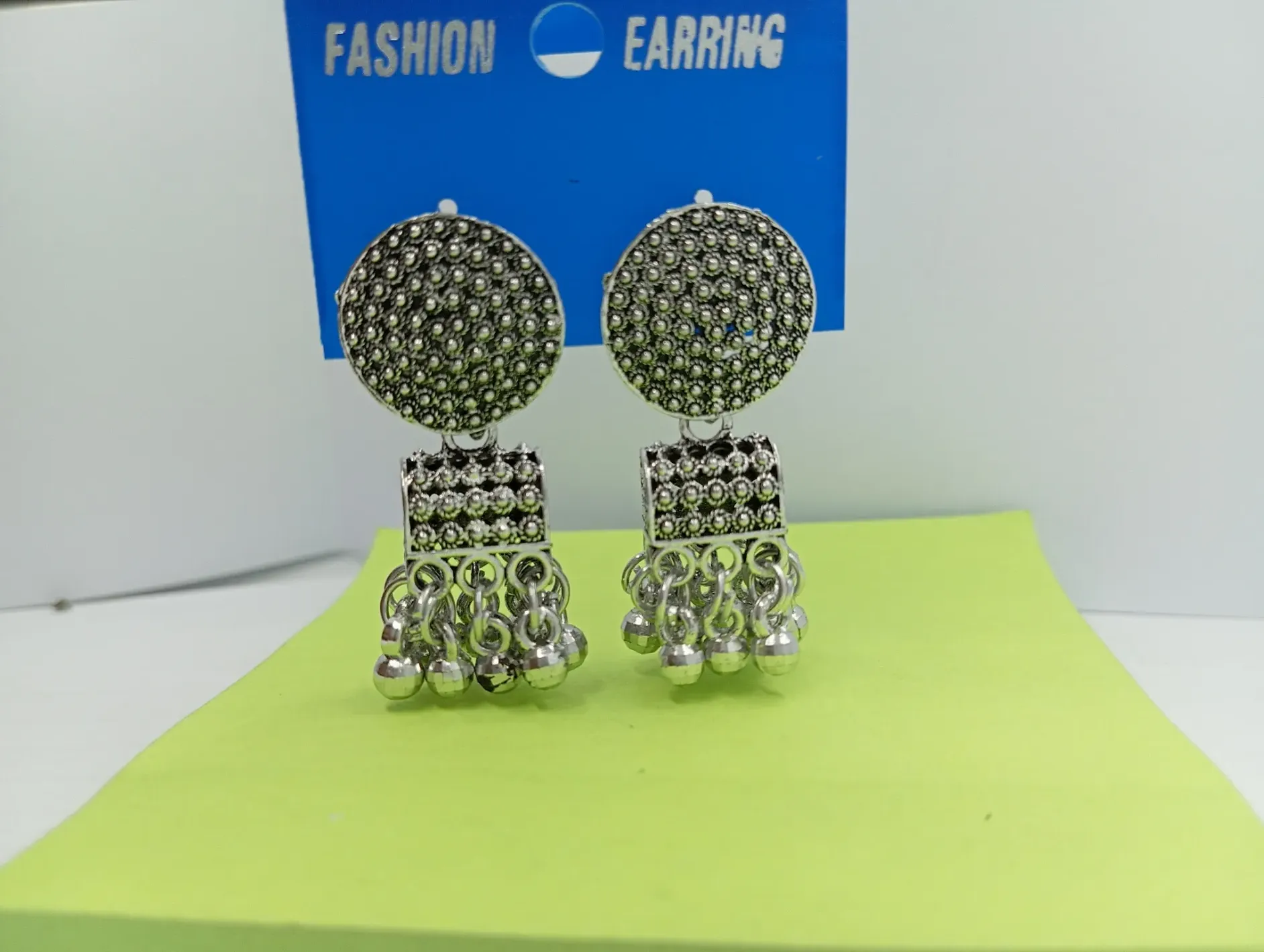  Oxidized Silver Round-Square Dangler Earrings