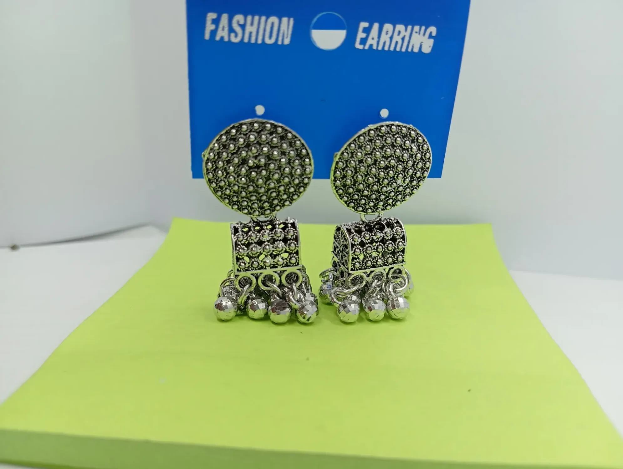  Oxidized Silver Round-Square Dangler Earrings