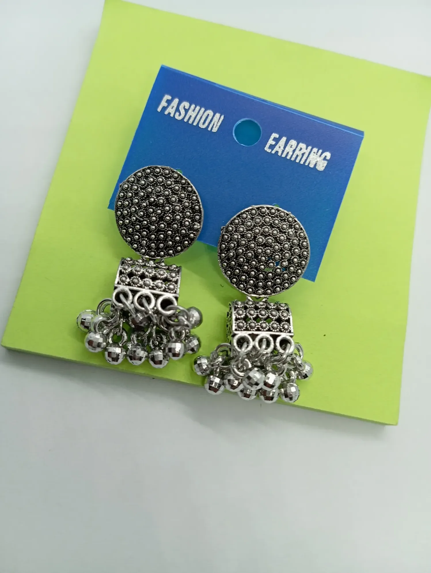 Oxidized Silver Round-Square Dangler Earrings