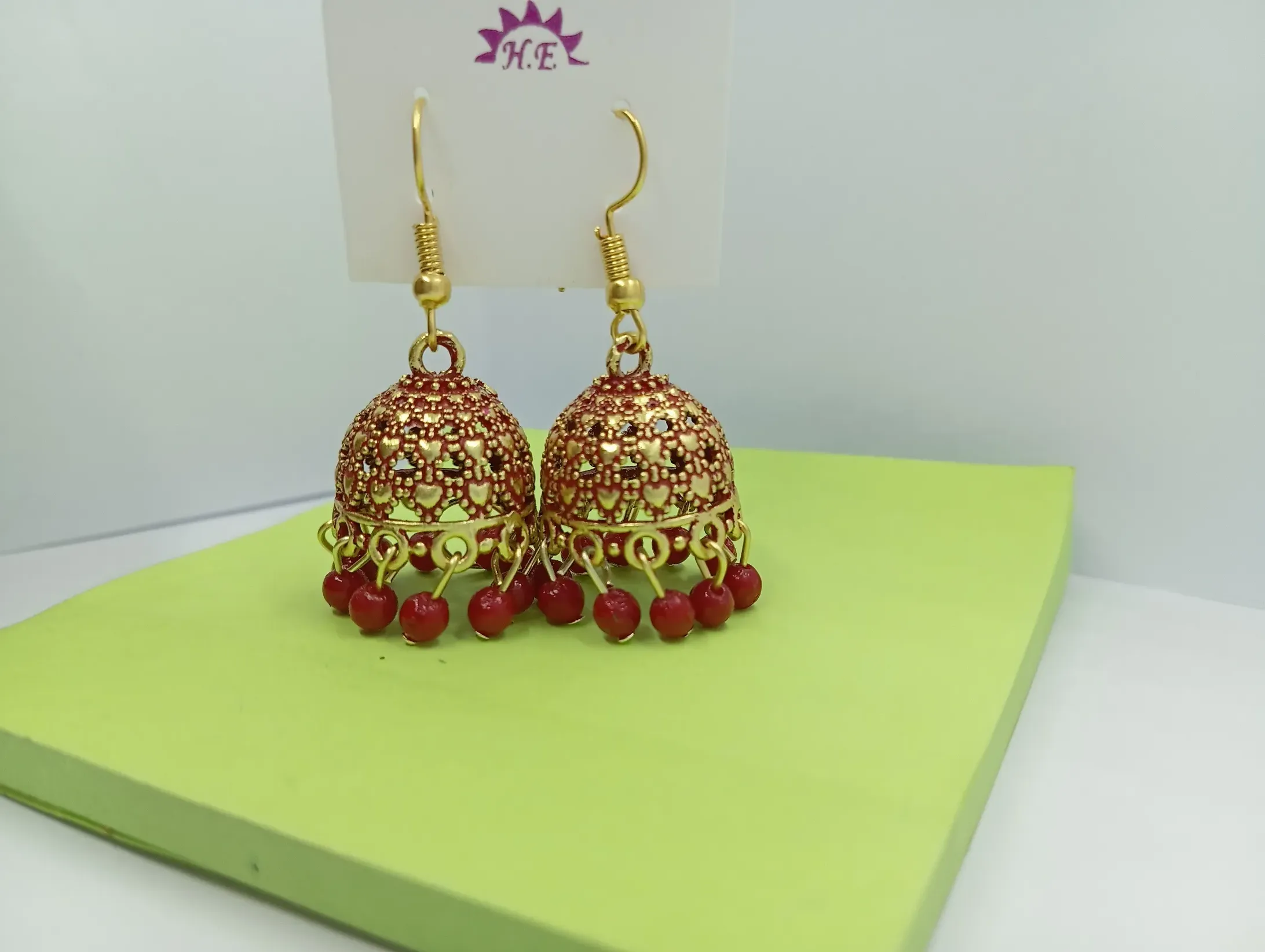 Red Beaded Dome Style Jhumka Earrings