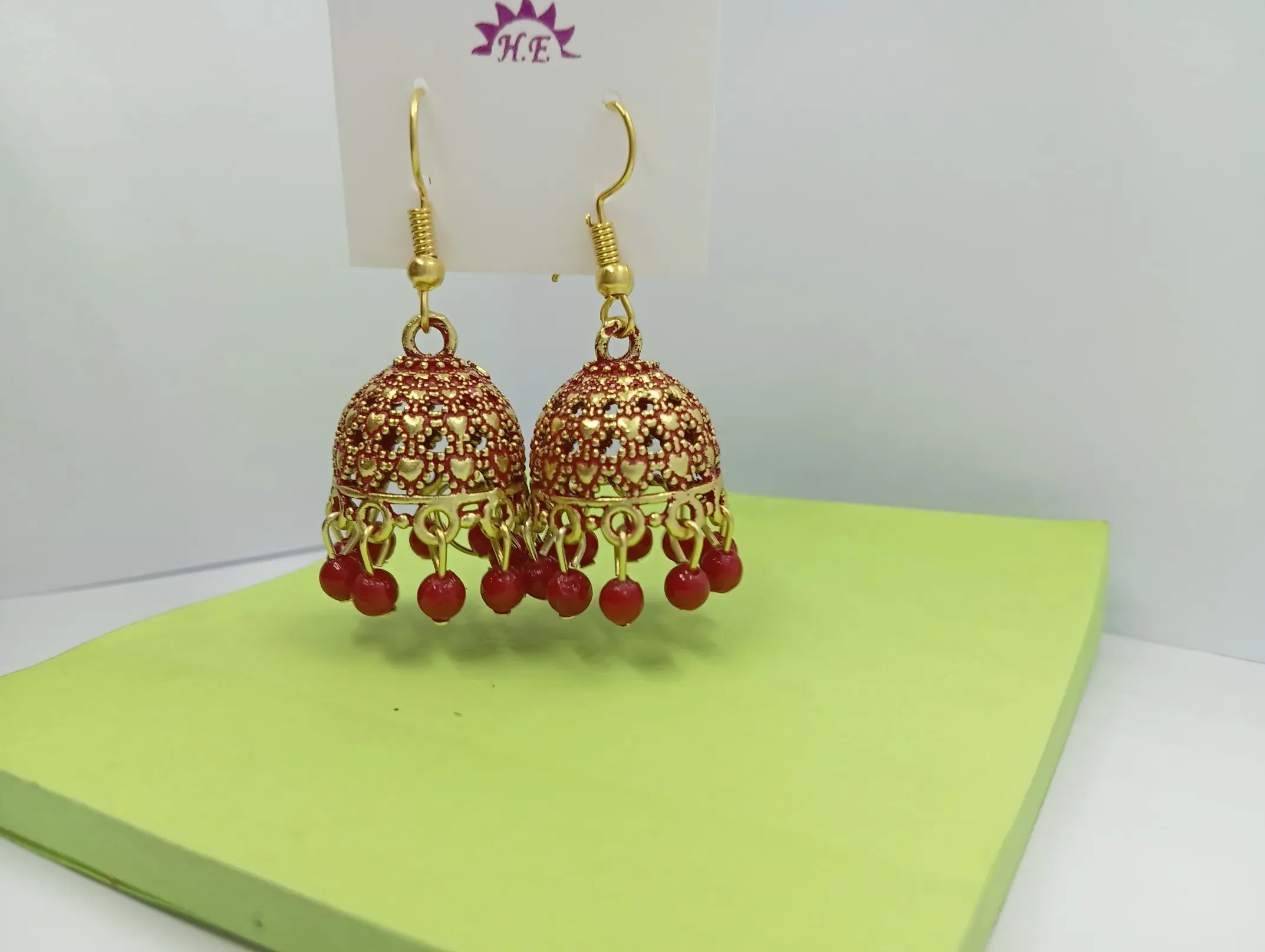 Red Beaded Dome Style Jhumka Earrings