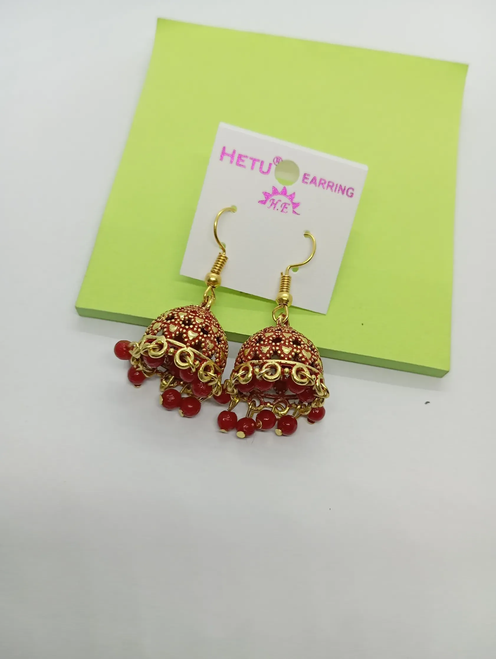 Red Beaded Dome Style Jhumka Earrings