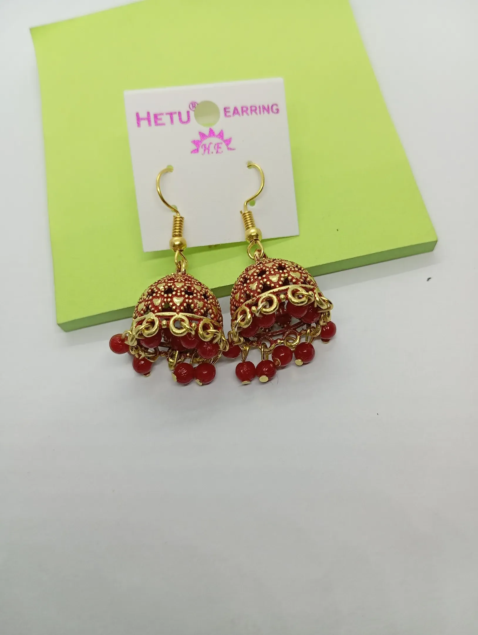 Red Beaded Dome Style Jhumka Earrings