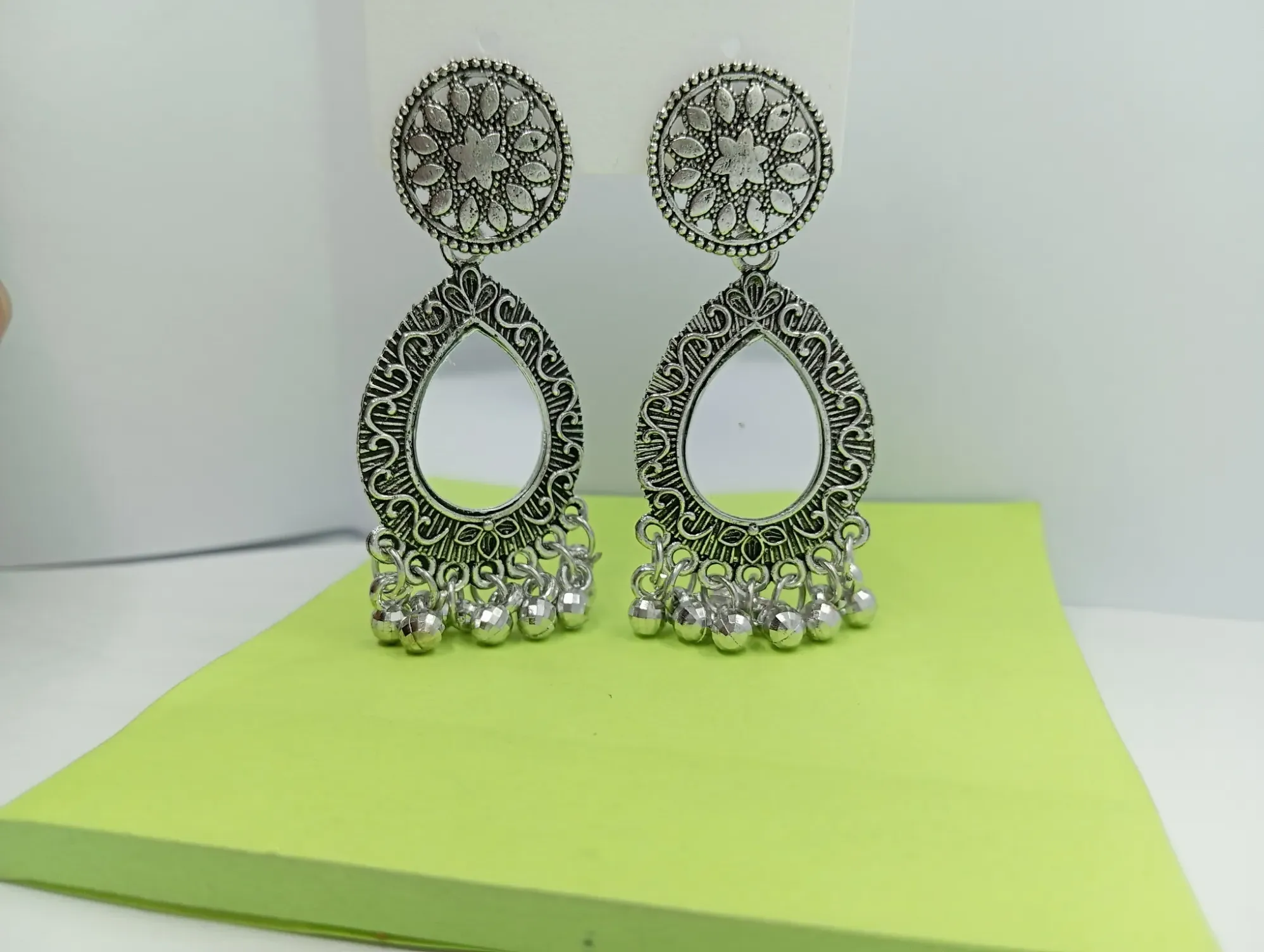 Oxidised Drop-Shaped Mirror Earrings with Ghungroo – Ethnic Statement Jewelry