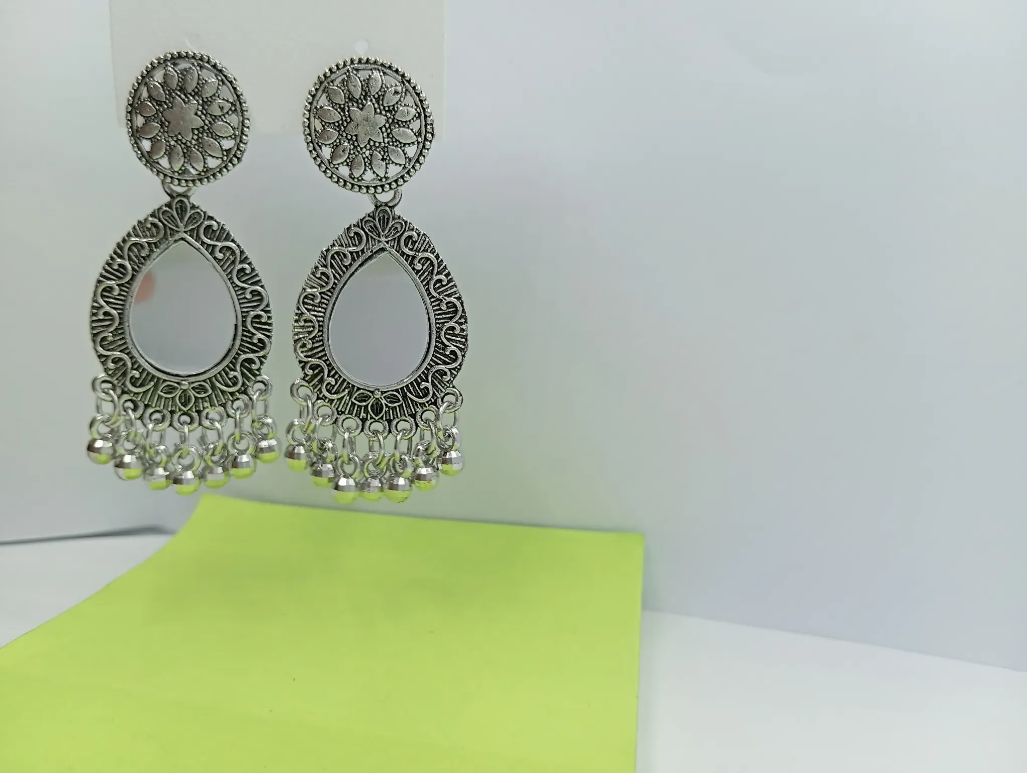Oxidised Drop-Shaped Mirror Earrings with Ghungroo – Ethnic Statement Jewelry