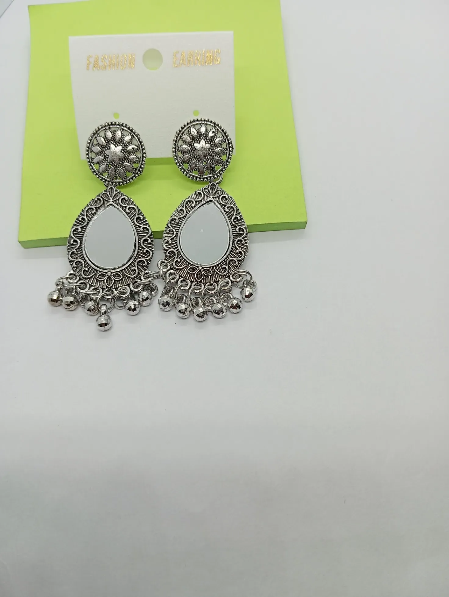 Oxidised Drop-Shaped Mirror Earrings with Ghungroo – Ethnic Statement Jewelry
