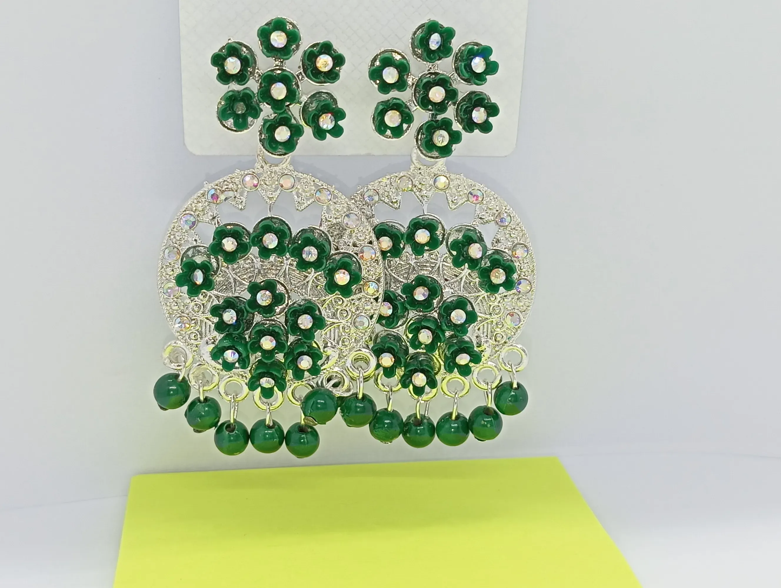 Ethnic Green Floral Crystal Earrings – Traditional Dangler Jhumka Style with Bead Drops
