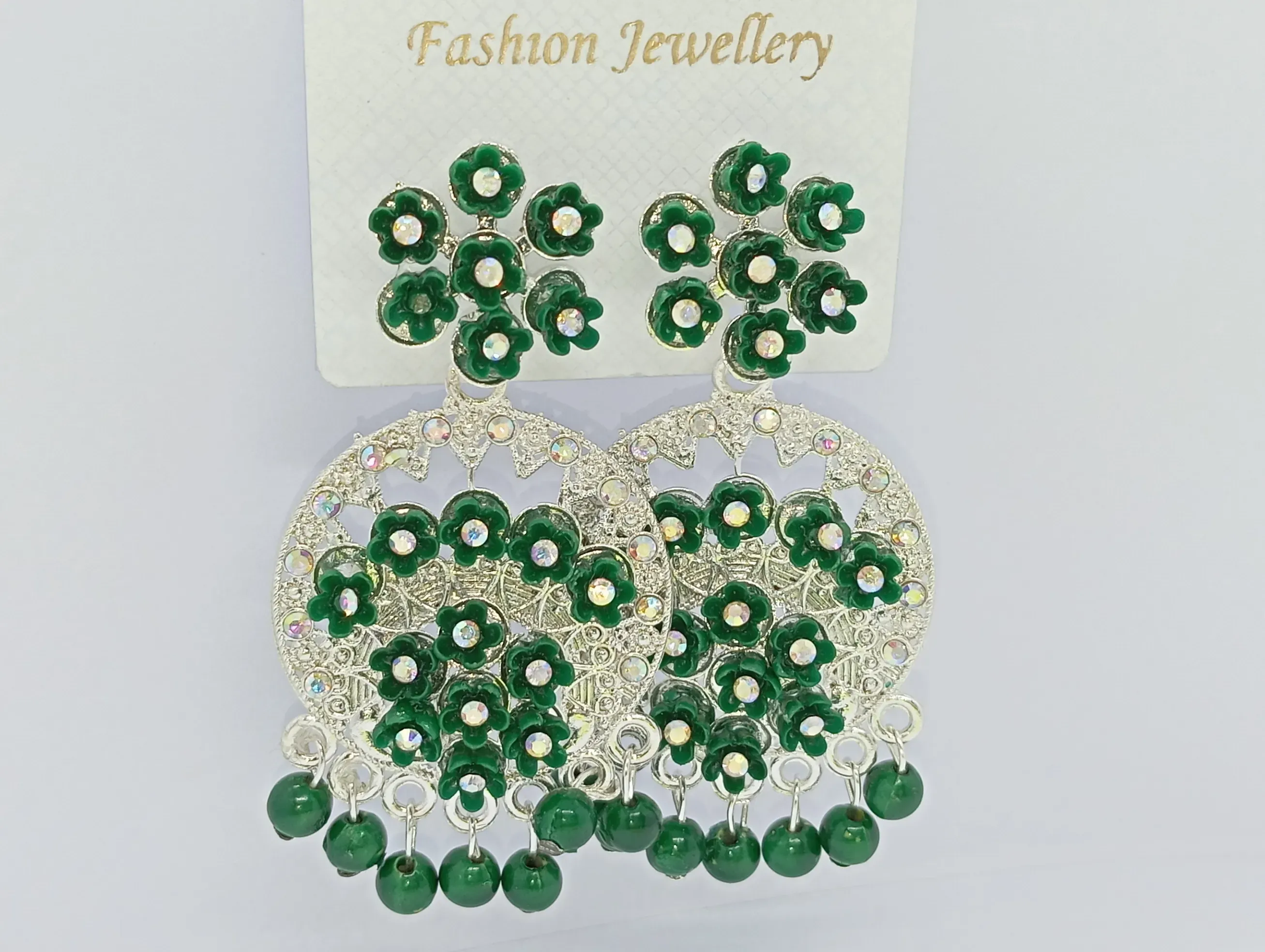 Ethnic Green Floral Crystal Earrings – Traditional Dangler Jhumka Style with Bead Drops