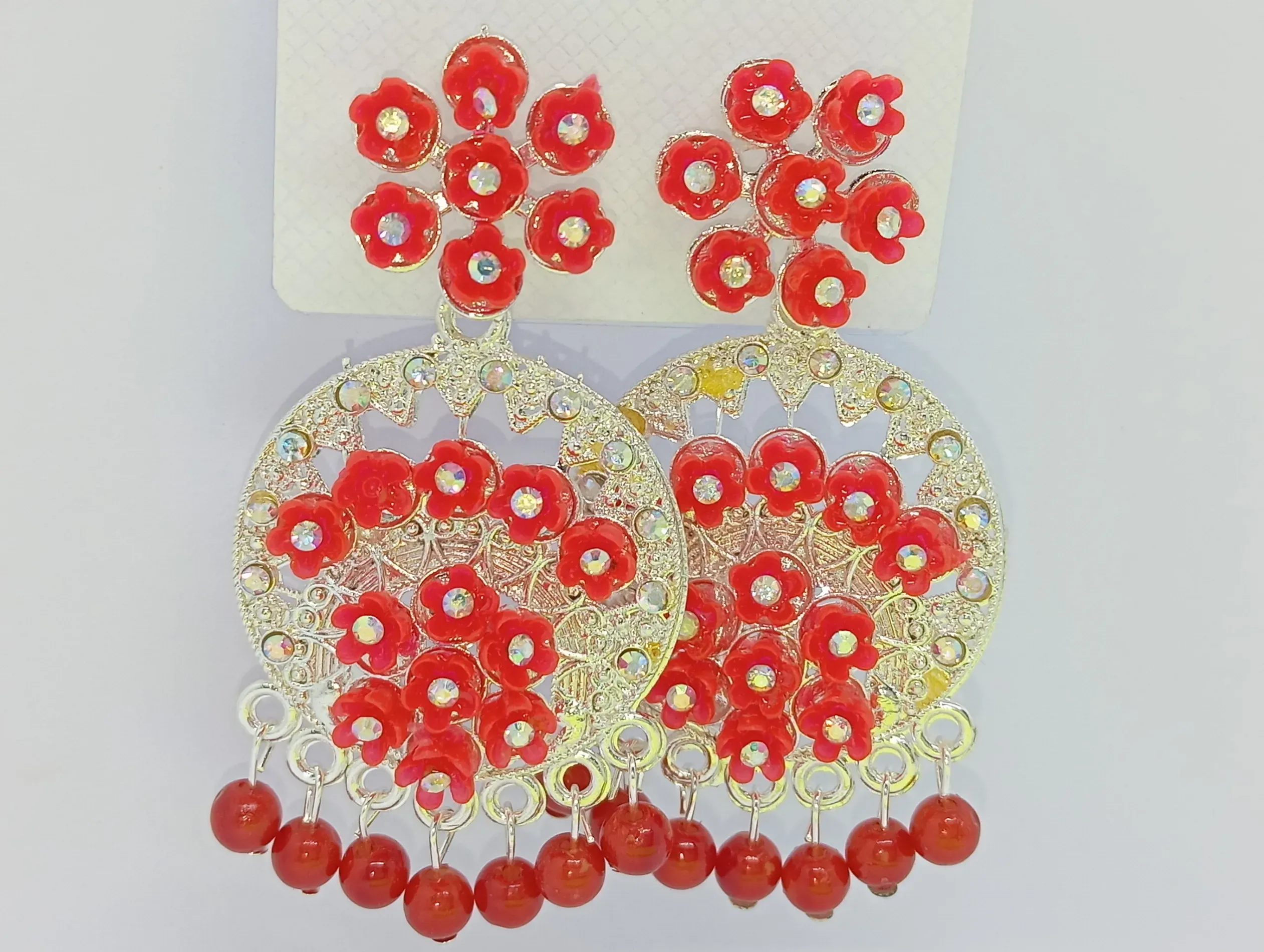 Traditional Red Floral Earrings with Stone Work – Ethnic Dangler Jhumka Design