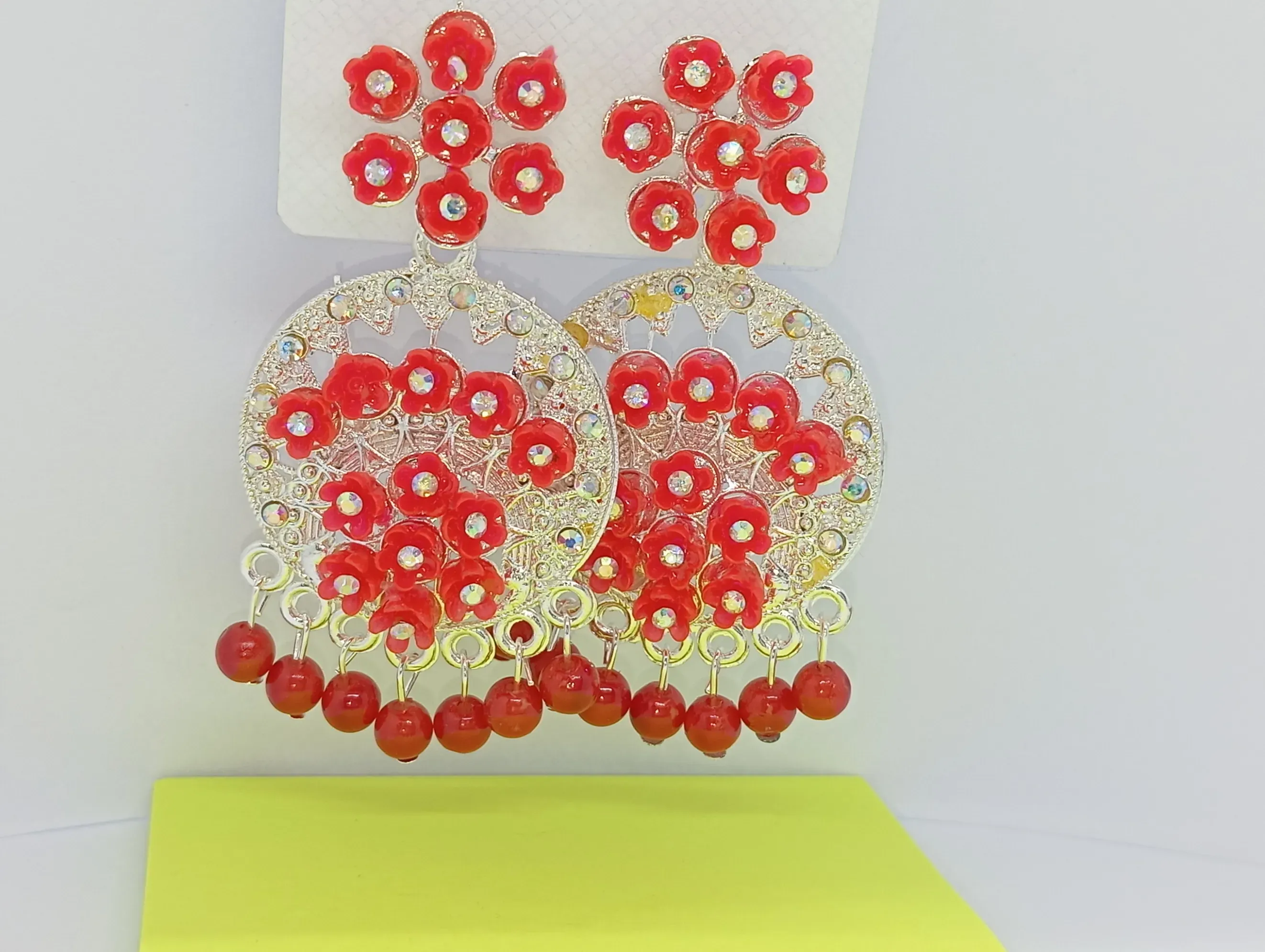Traditional Red Floral Earrings with Stone Work – Ethnic Dangler Jhumka Design