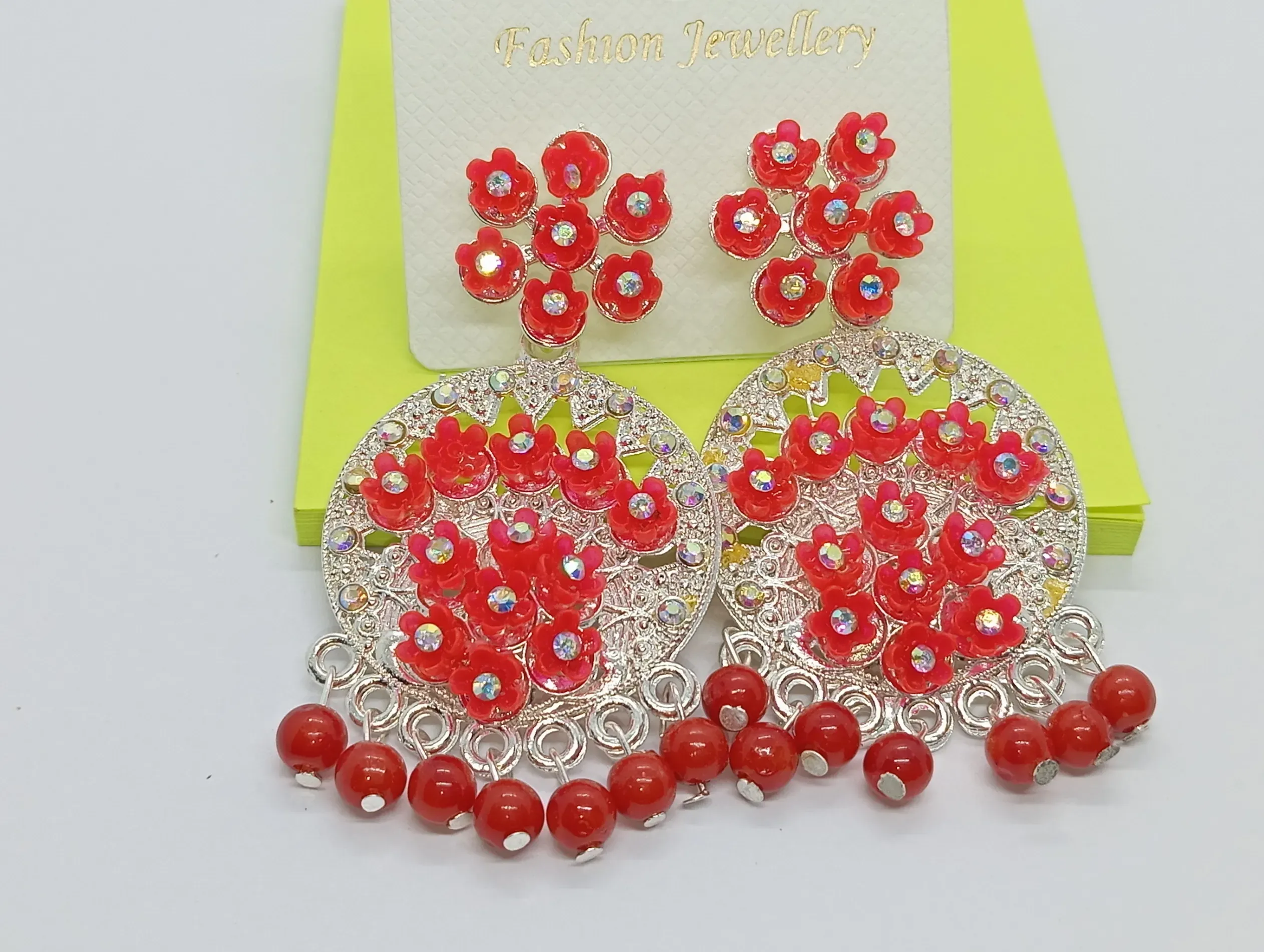 Traditional Red Floral Earrings with Stone Work – Ethnic Dangler Jhumka Design