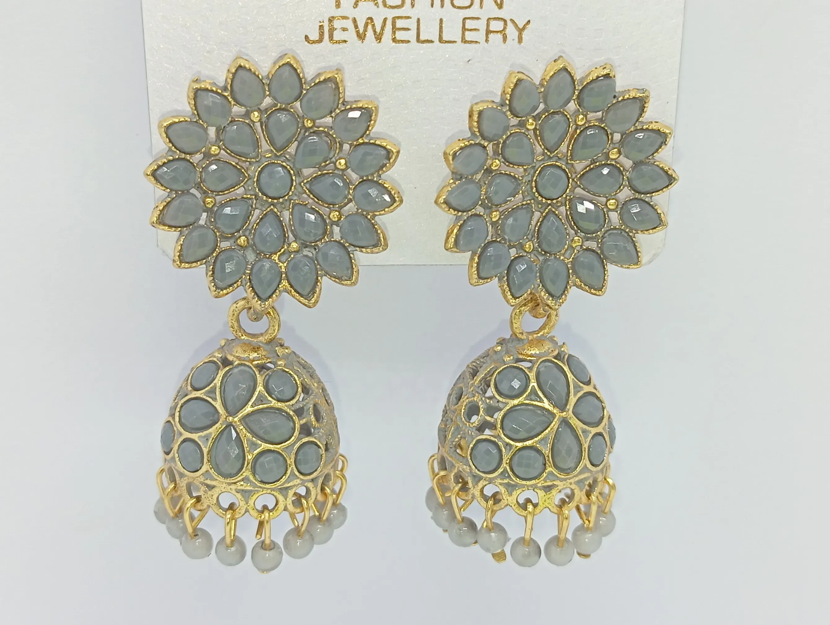 Elegant Golden Floral Jhumka Earrings with Grey Stones – Traditional Ethnic Dangler Design
