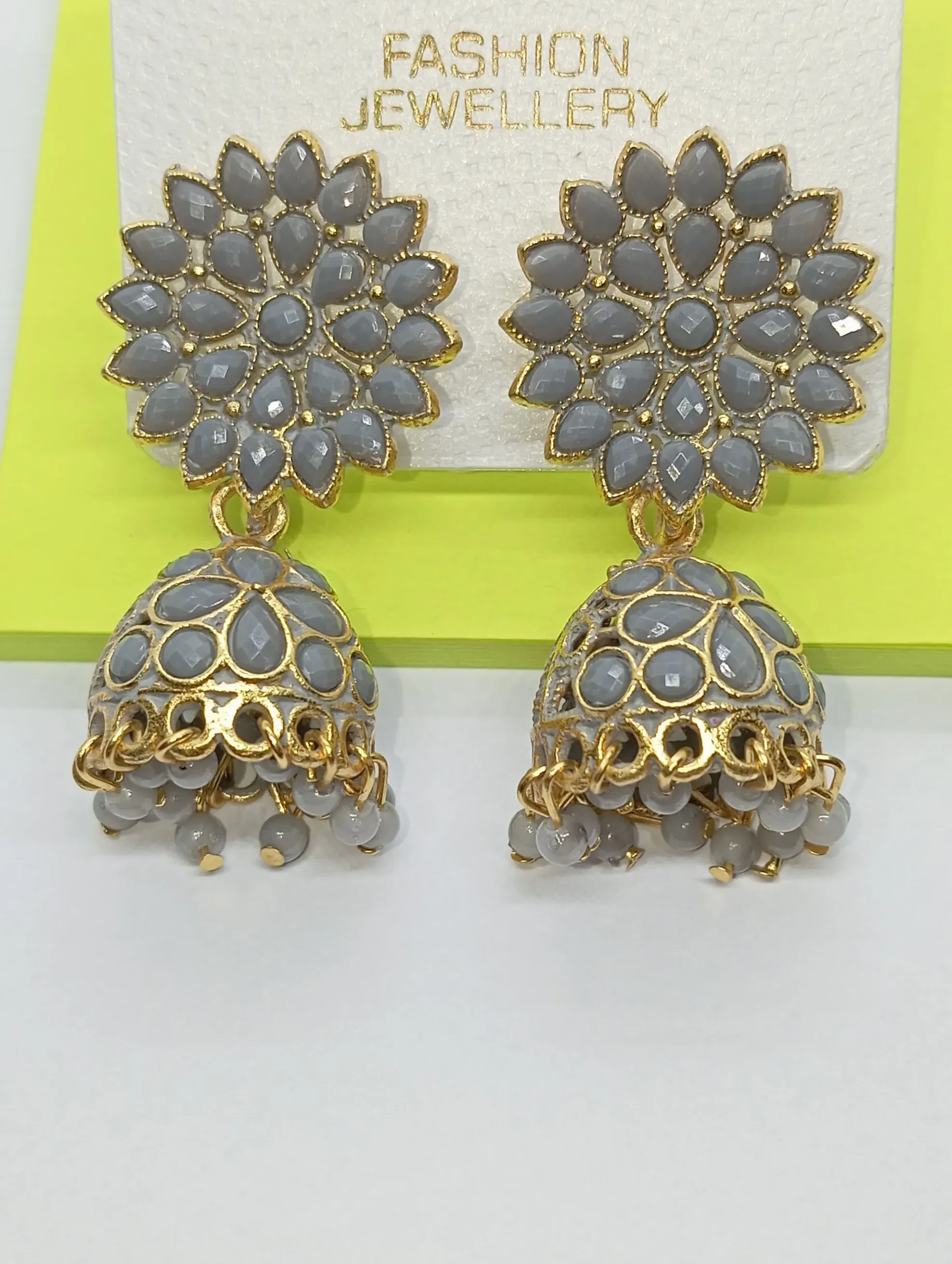 Elegant Golden Floral Jhumka Earrings with Grey Stones – Traditional Ethnic Dangler Design