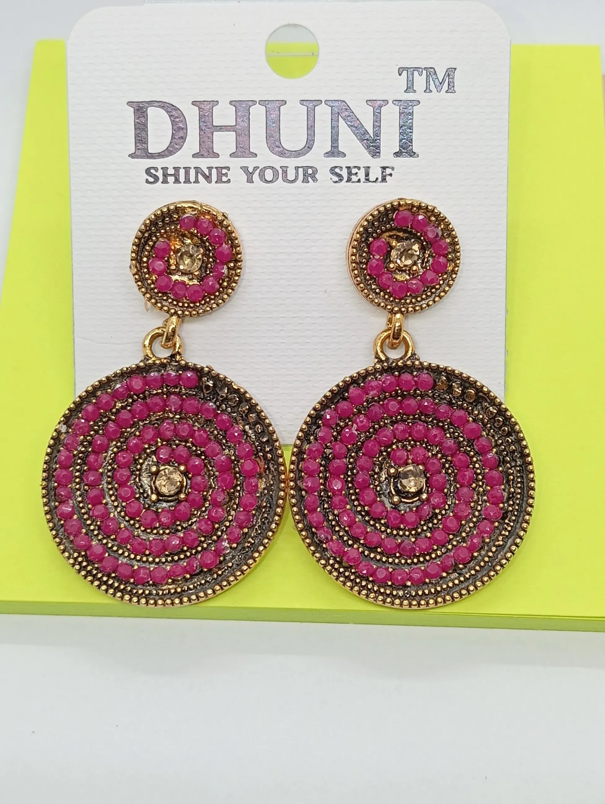 Designer Round Spiral Earrings with Pink Stones – Golden Base Ethnic Dangler
