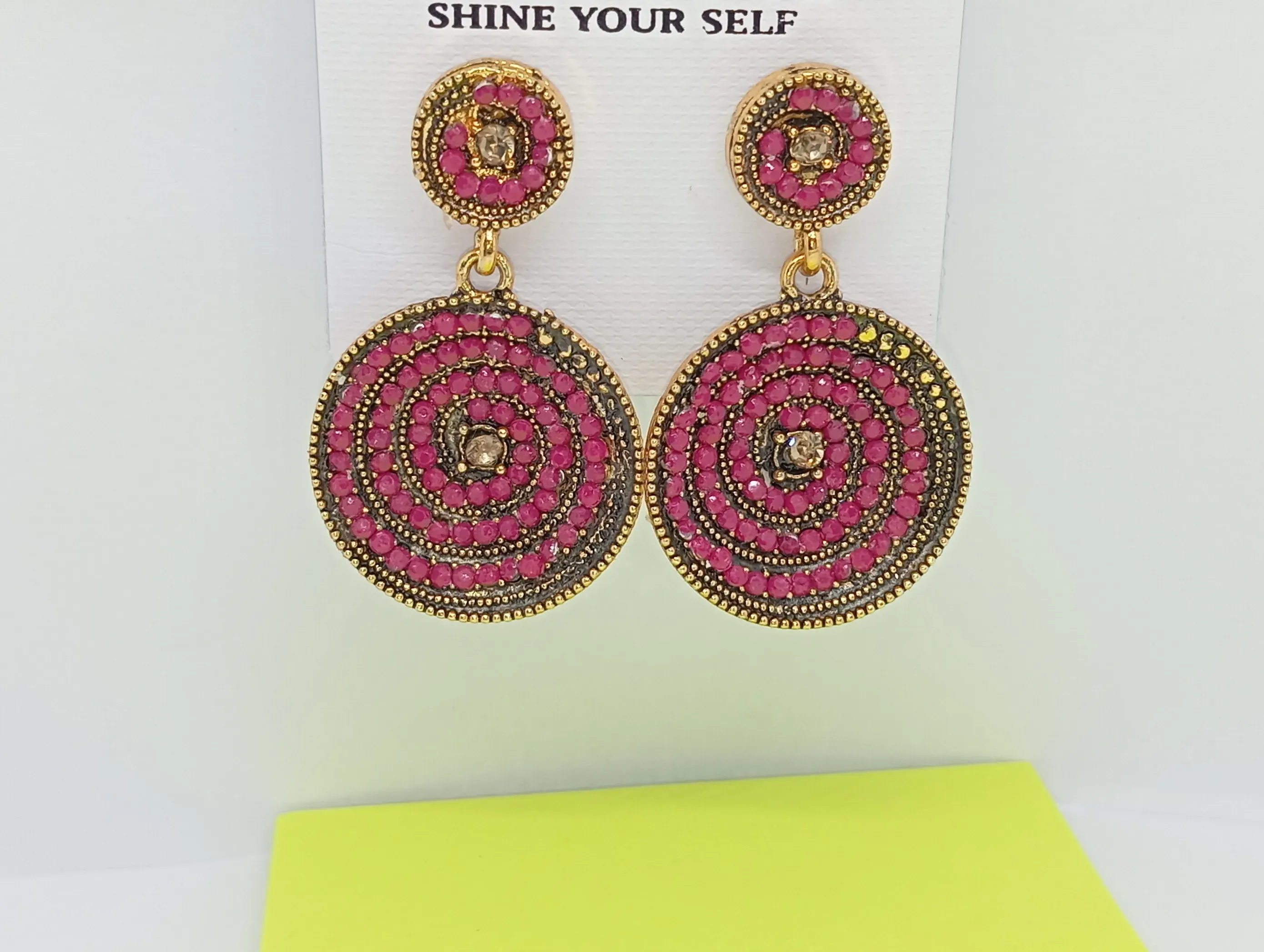 Designer Round Spiral Earrings with Pink Stones – Golden Base Ethnic Dangler