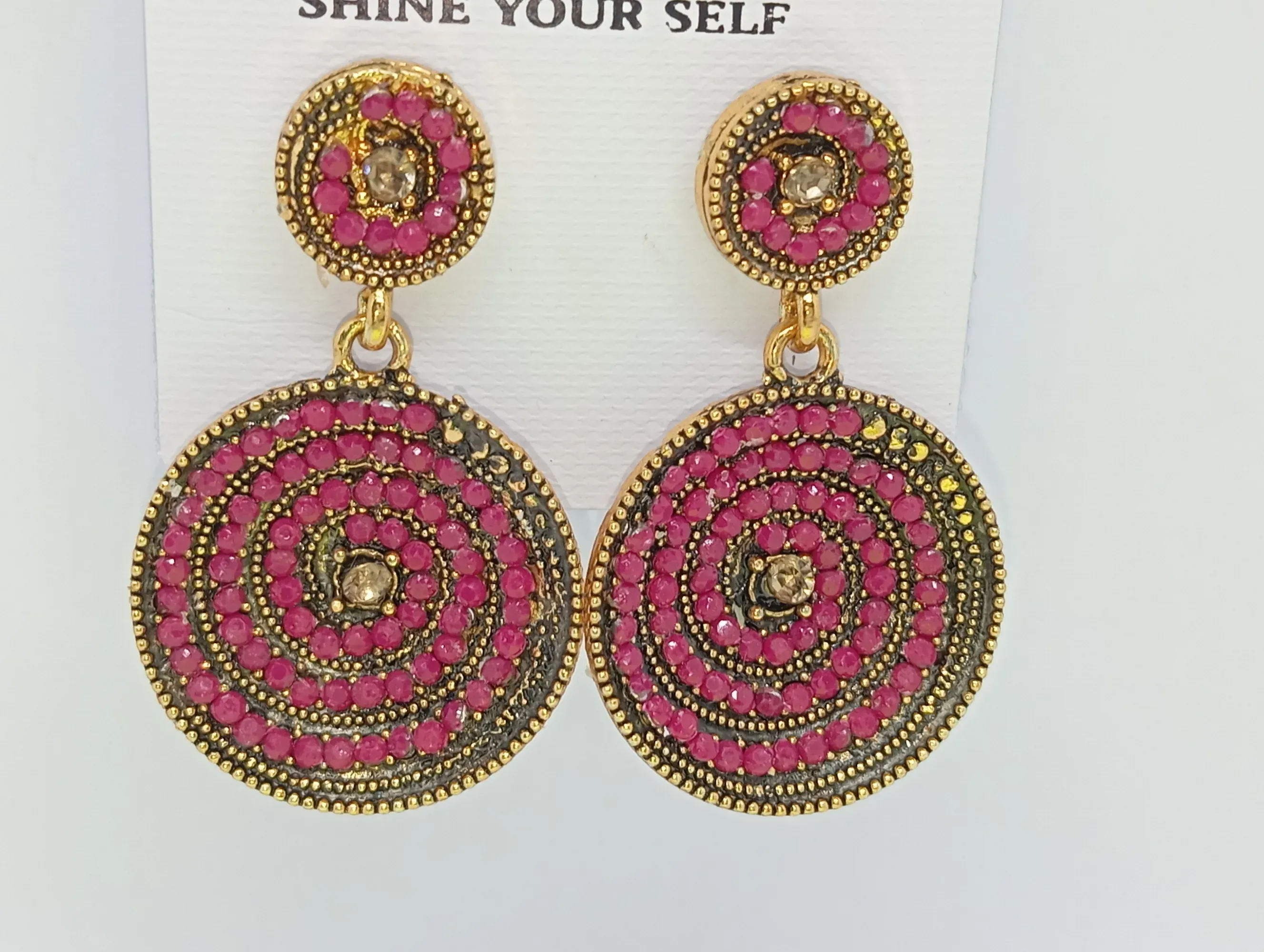 Designer Round Spiral Earrings with Pink Stones – Golden Base Ethnic Dangler