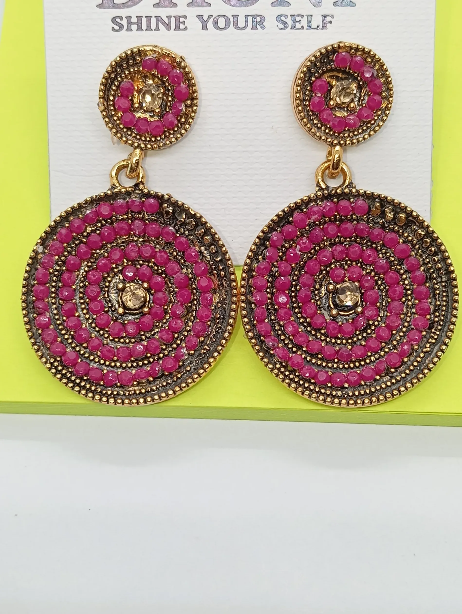 Designer Round Spiral Earrings with Pink Stones – Golden Base Ethnic Dangler