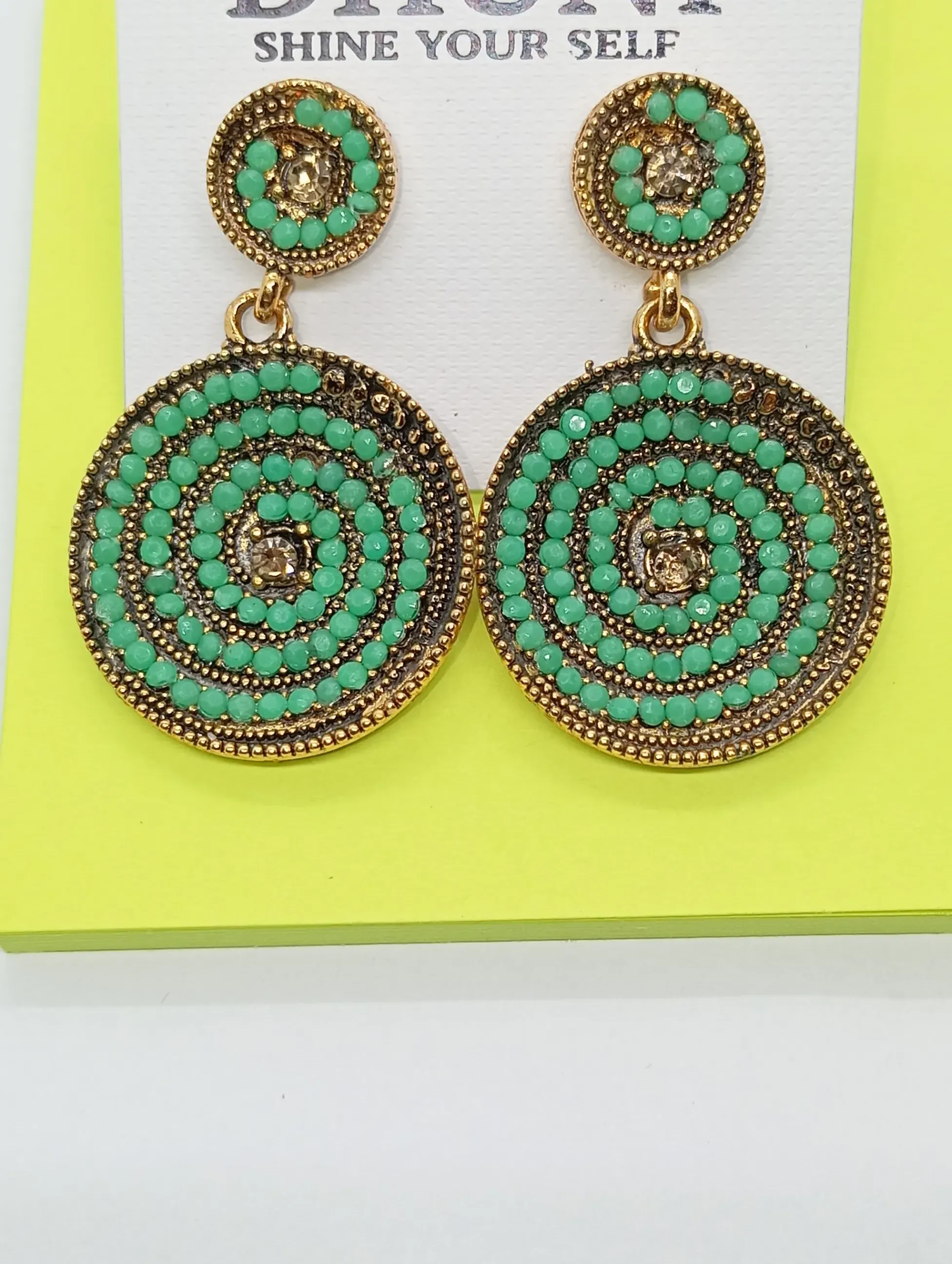  Round Spiral Earrings with Green Stones – Antique Gold Finish Ethnic Dangler Design
