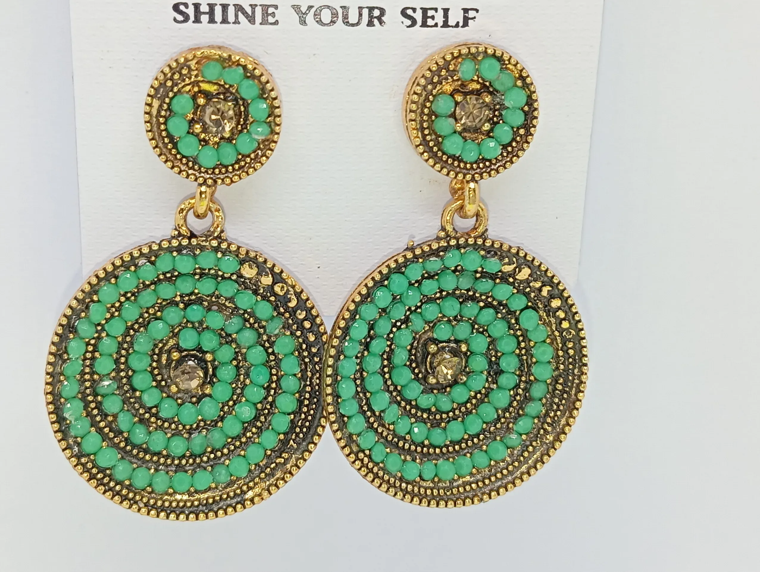  Round Spiral Earrings with Green Stones – Antique Gold Finish Ethnic Dangler Design