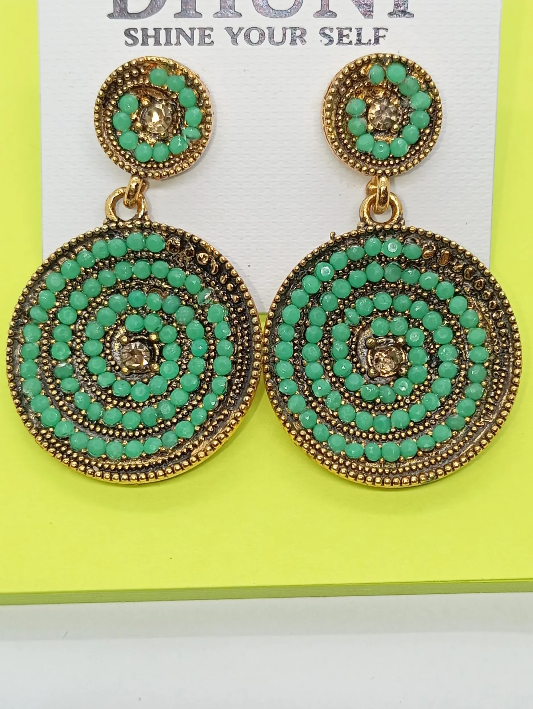  Round Spiral Earrings with Green Stones – Antique Gold Finish Ethnic Dangler Design