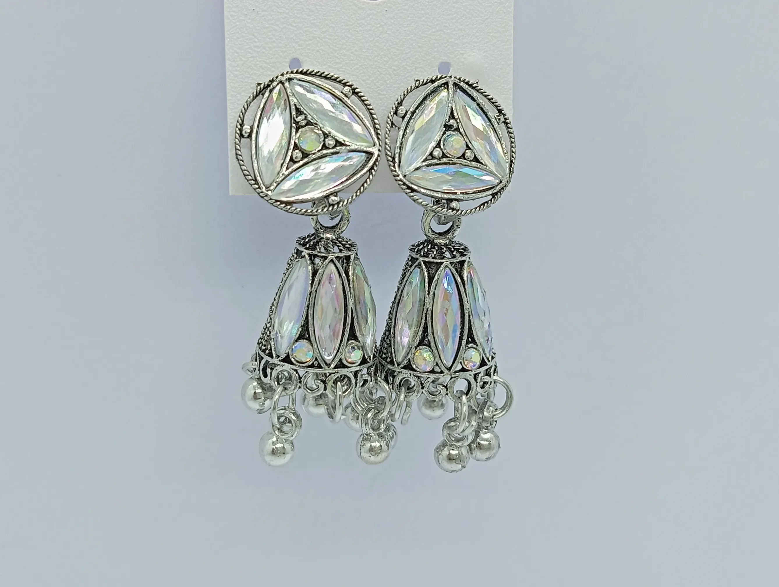 Silver Mirror Work Jhumka Earrings – Oxidized Traditional Danglers with Bell Charms