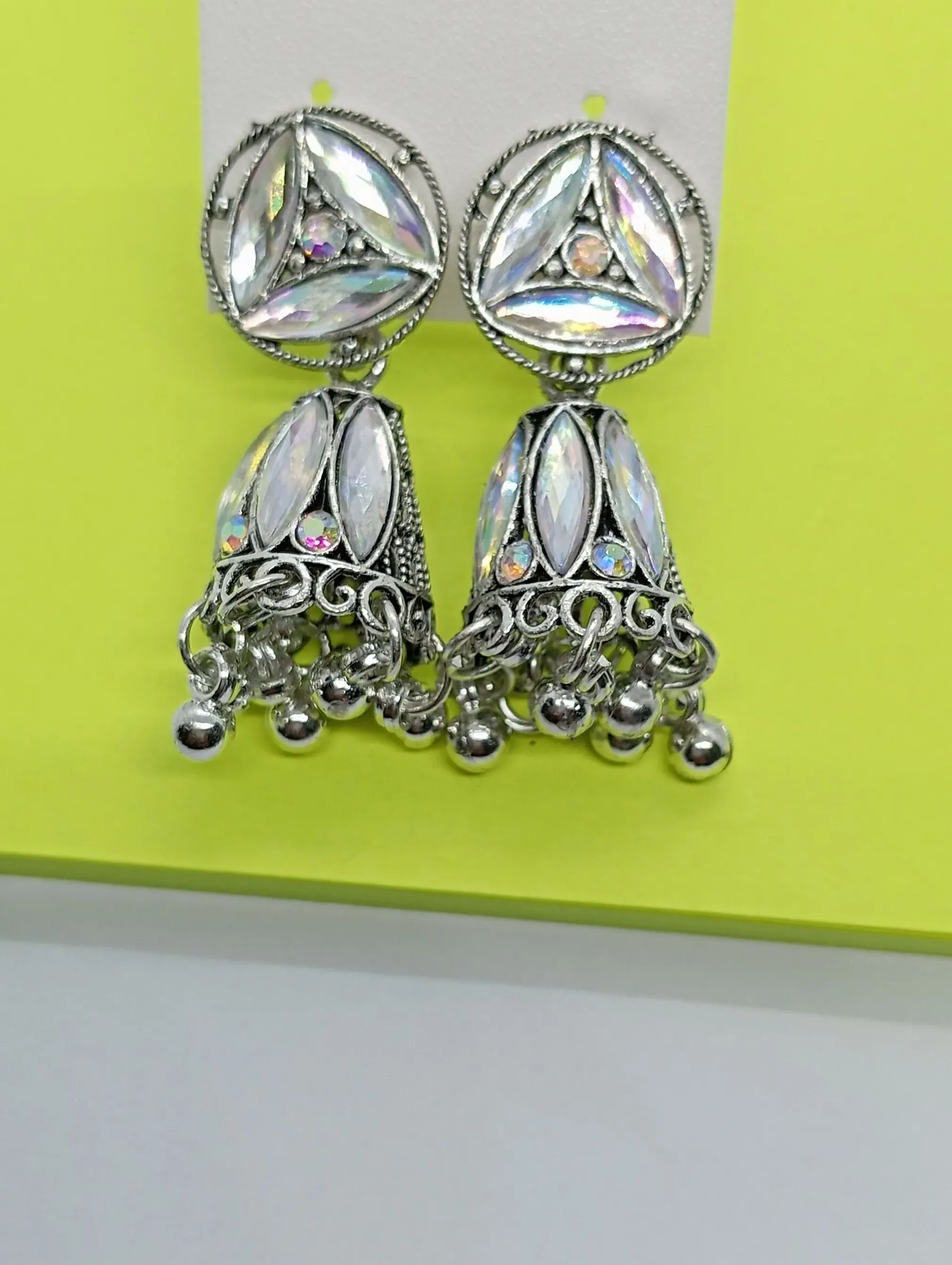 Silver Mirror Work Jhumka Earrings – Oxidized Traditional Danglers with Bell Charms