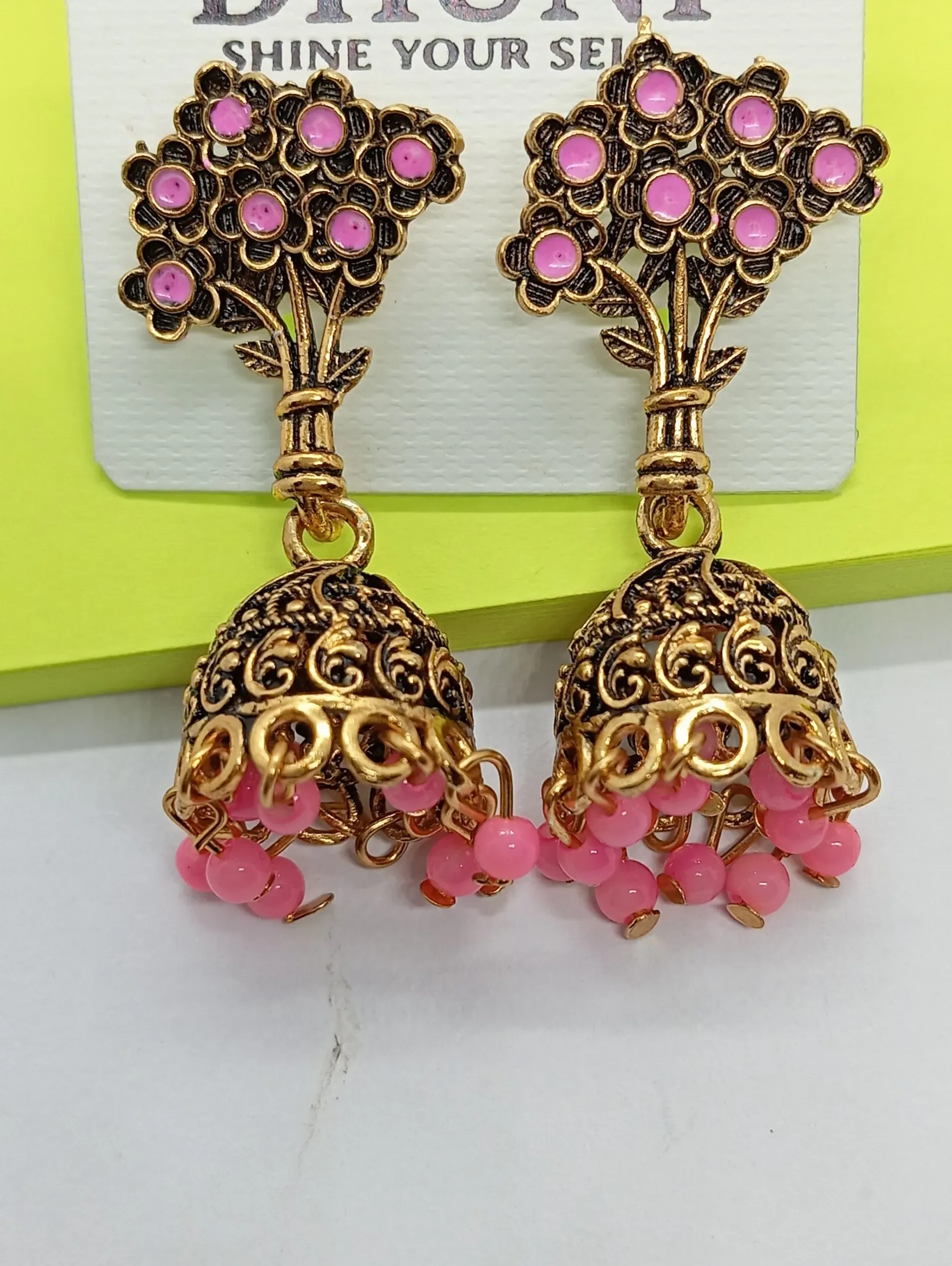 Antique Gold Floral Top Jhumka Earrings with Pink Beads for Women
