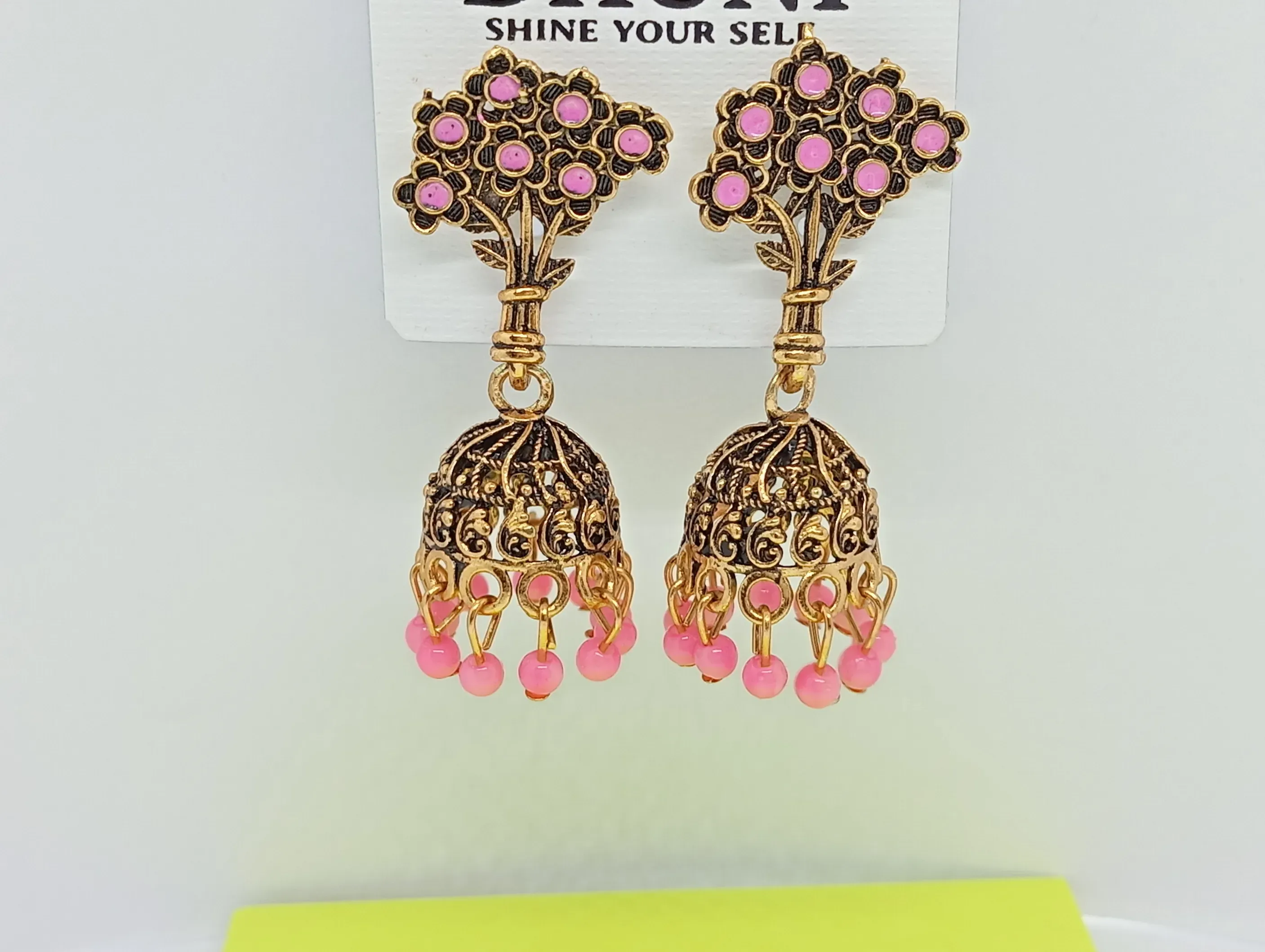 Antique Gold Floral Top Jhumka Earrings with Pink Beads for Women
