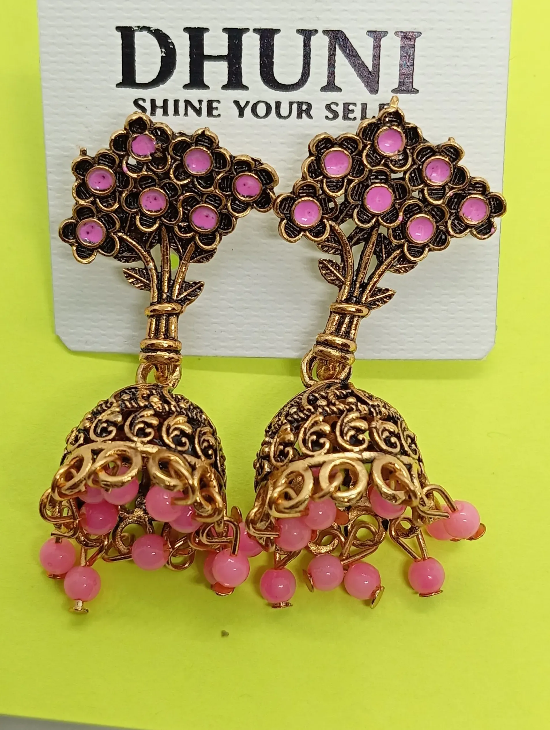 Antique Gold Floral Top Jhumka Earrings with Pink Beads for Women