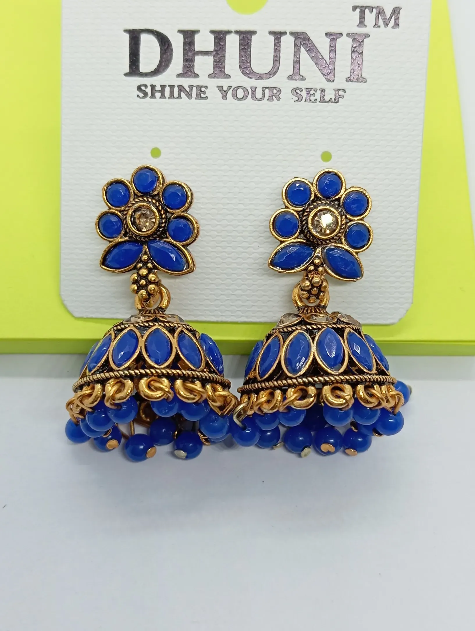  Blue Floral Top Antique Gold Jhumka Earrings with Beads for Women