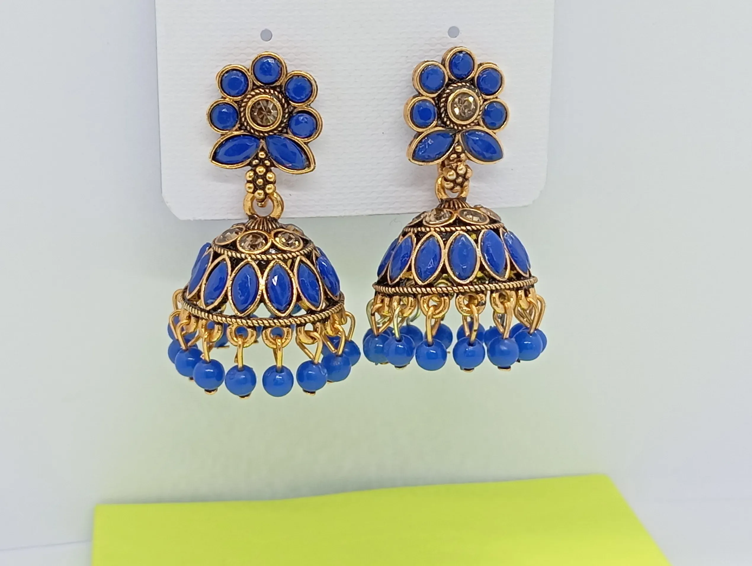  Blue Floral Top Antique Gold Jhumka Earrings with Beads for Women