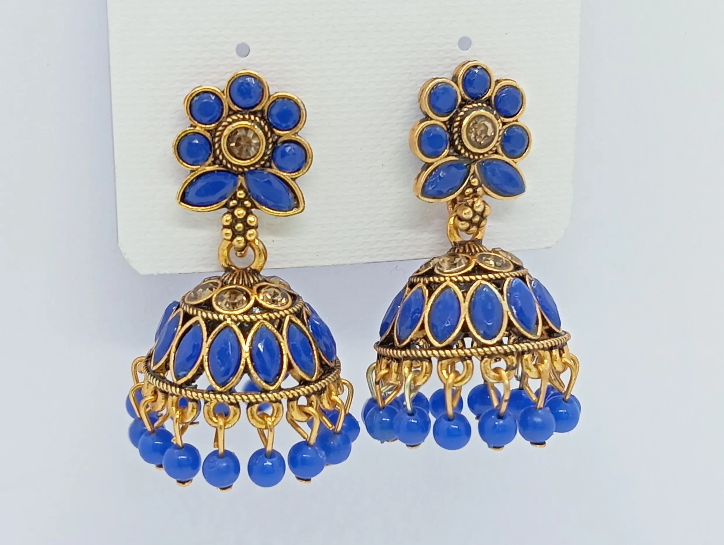  Blue Floral Top Antique Gold Jhumka Earrings with Beads for Women