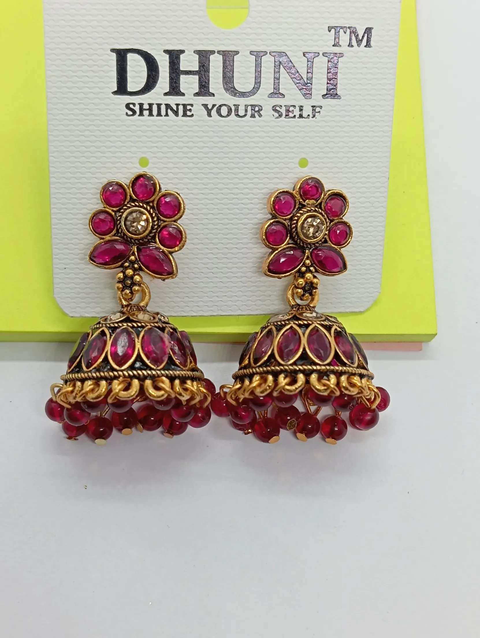 Maroon Floral Top Antique Gold Jhumka Earrings with Beads for Women