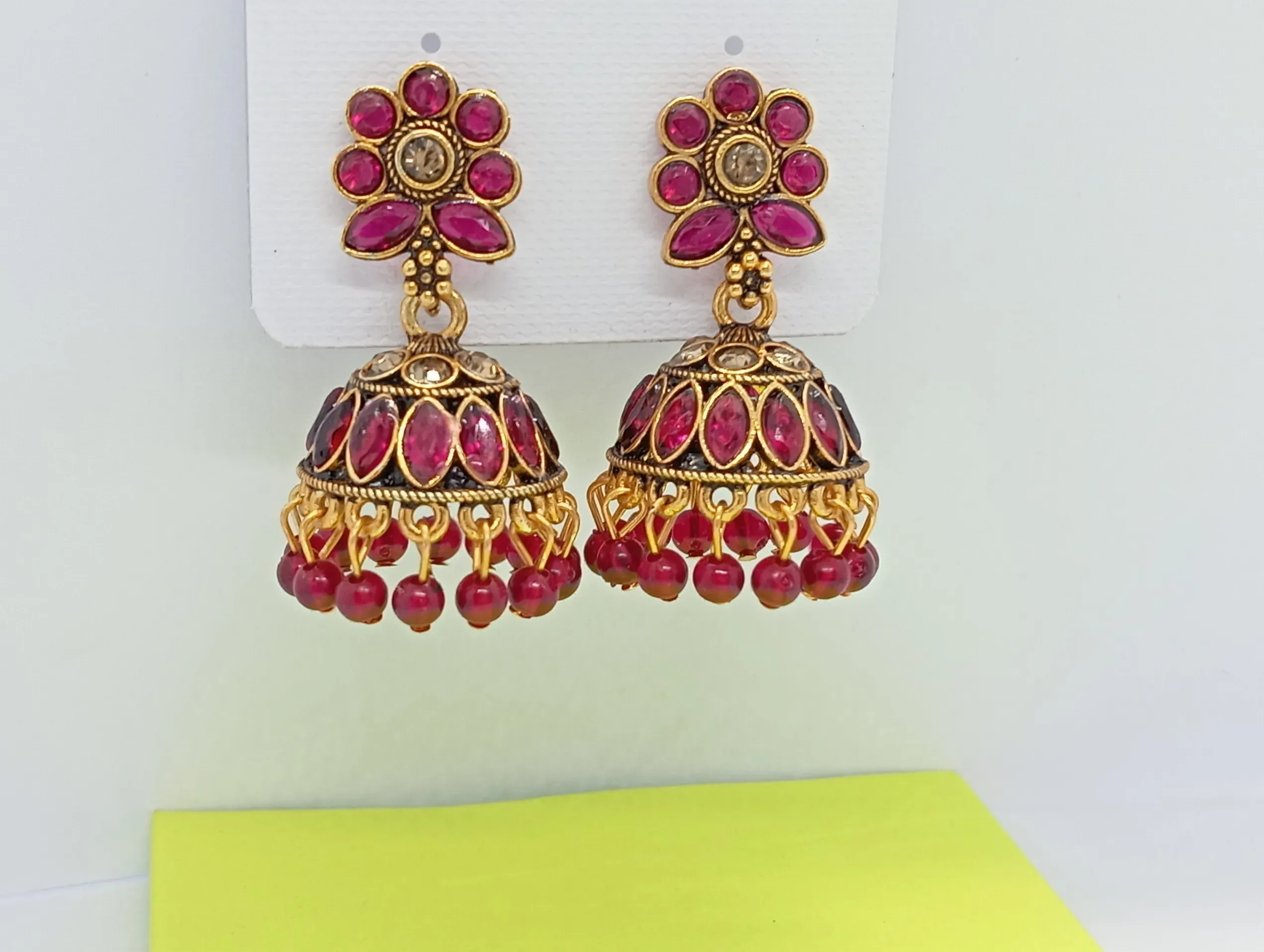 Maroon Floral Top Antique Gold Jhumka Earrings with Beads for Women