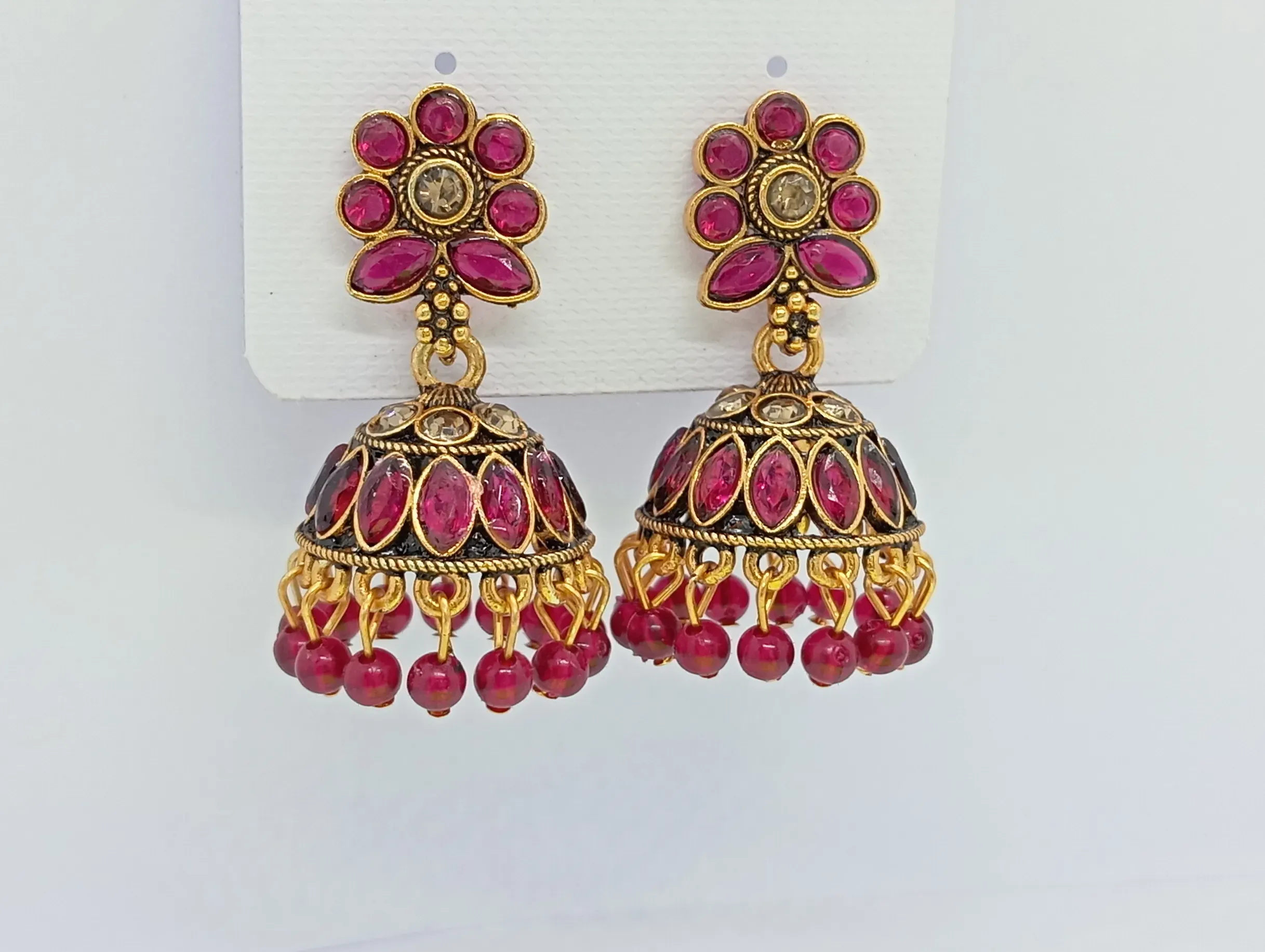 Maroon Floral Top Antique Gold Jhumka Earrings with Beads for Women