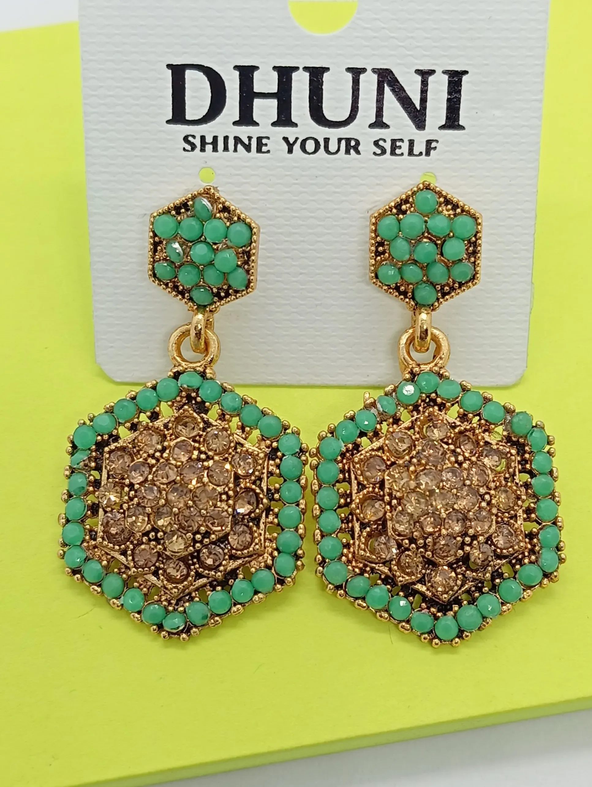 Green & Gold Hexagon Stud Earrings with Crystal Embellishments