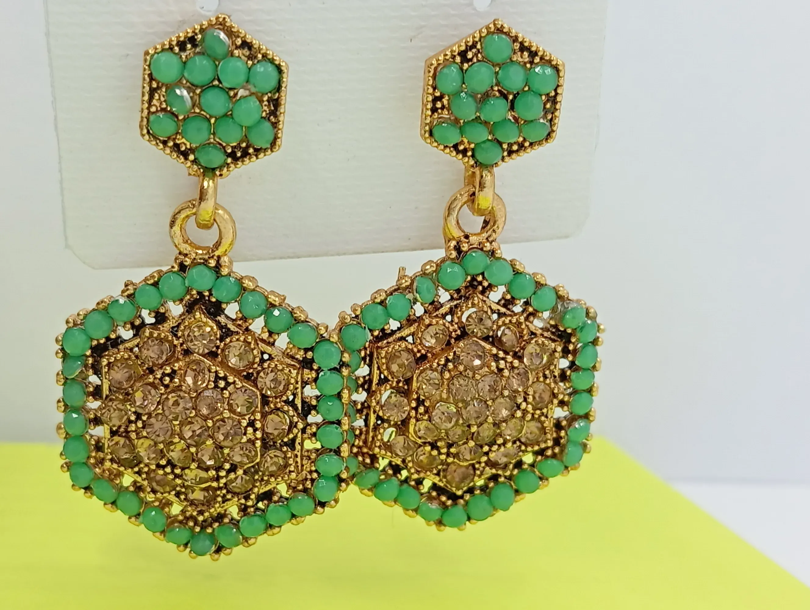 Green & Gold Hexagon Stud Earrings with Crystal Embellishments