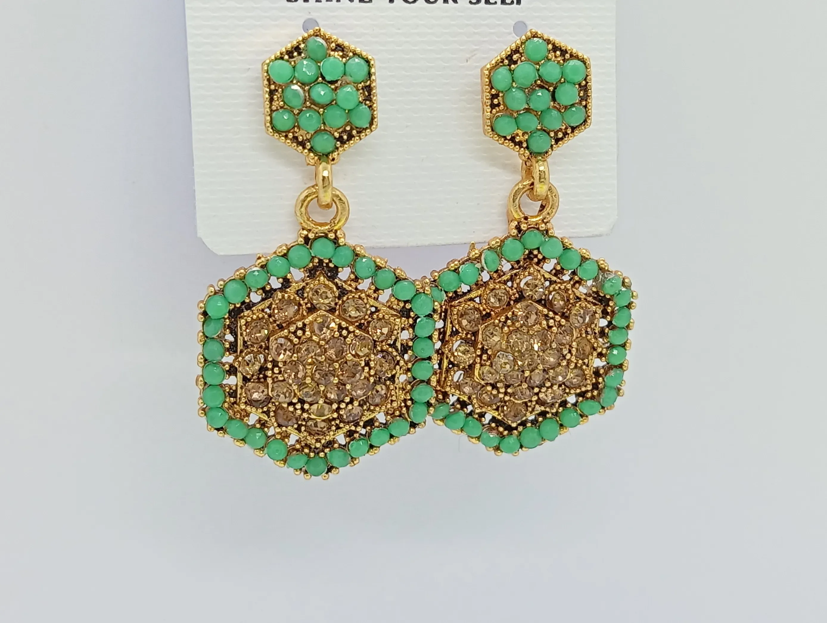 Green & Gold Hexagon Stud Earrings with Crystal Embellishments