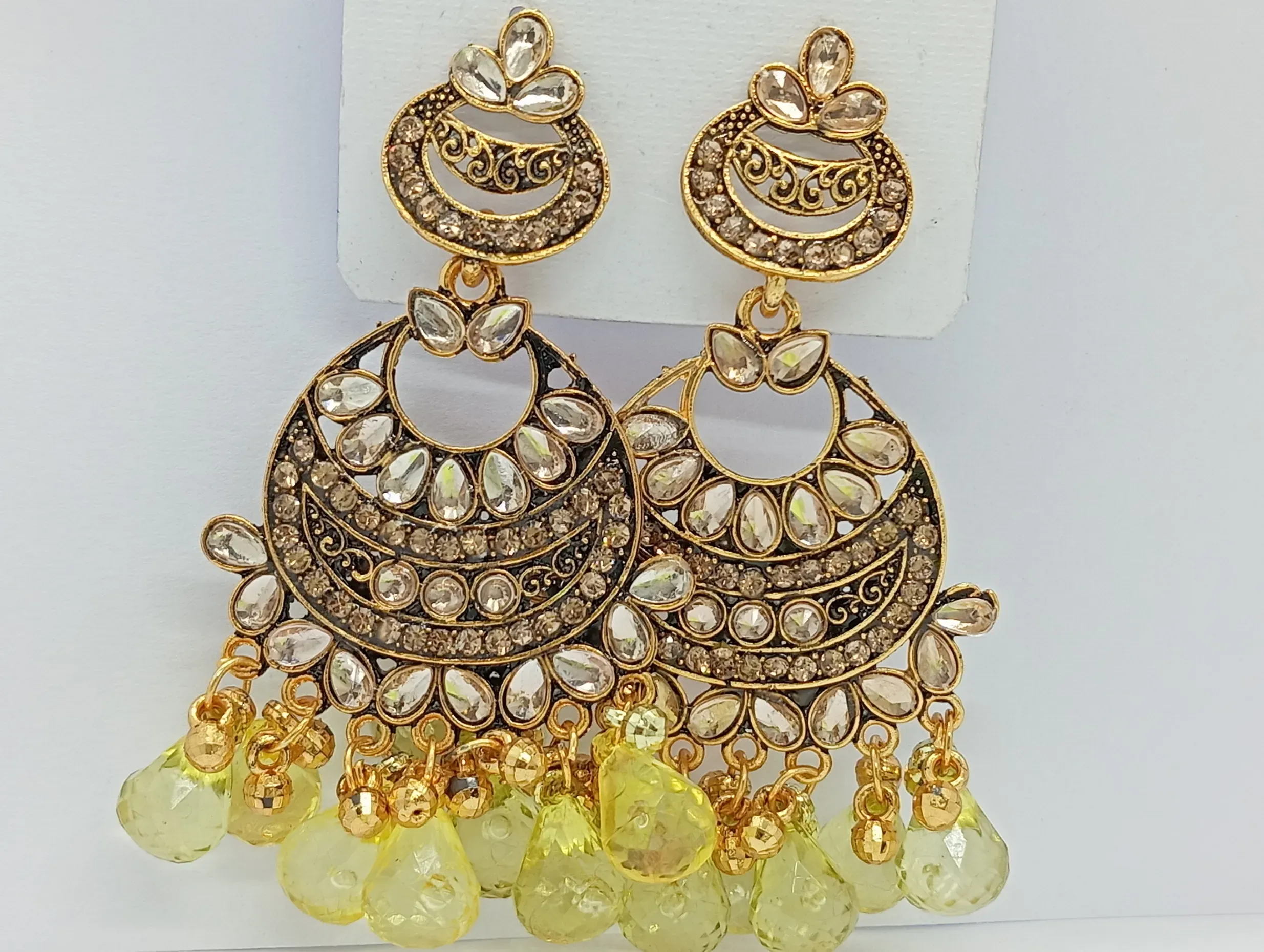 Kundan Style Gold Chandbali Earrings with Yellow Beads for Women