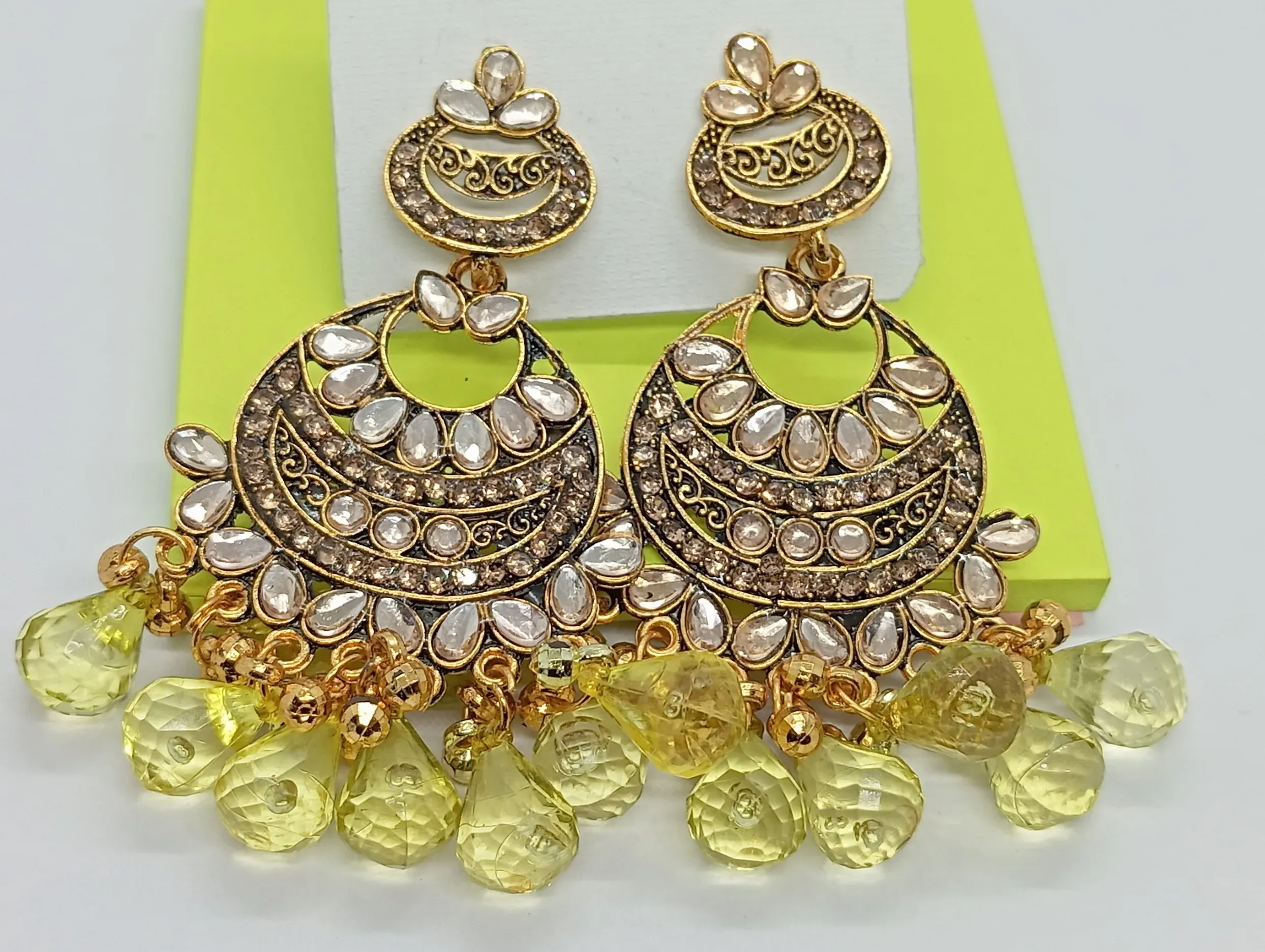 Kundan Style Gold Chandbali Earrings with Yellow Beads for Women