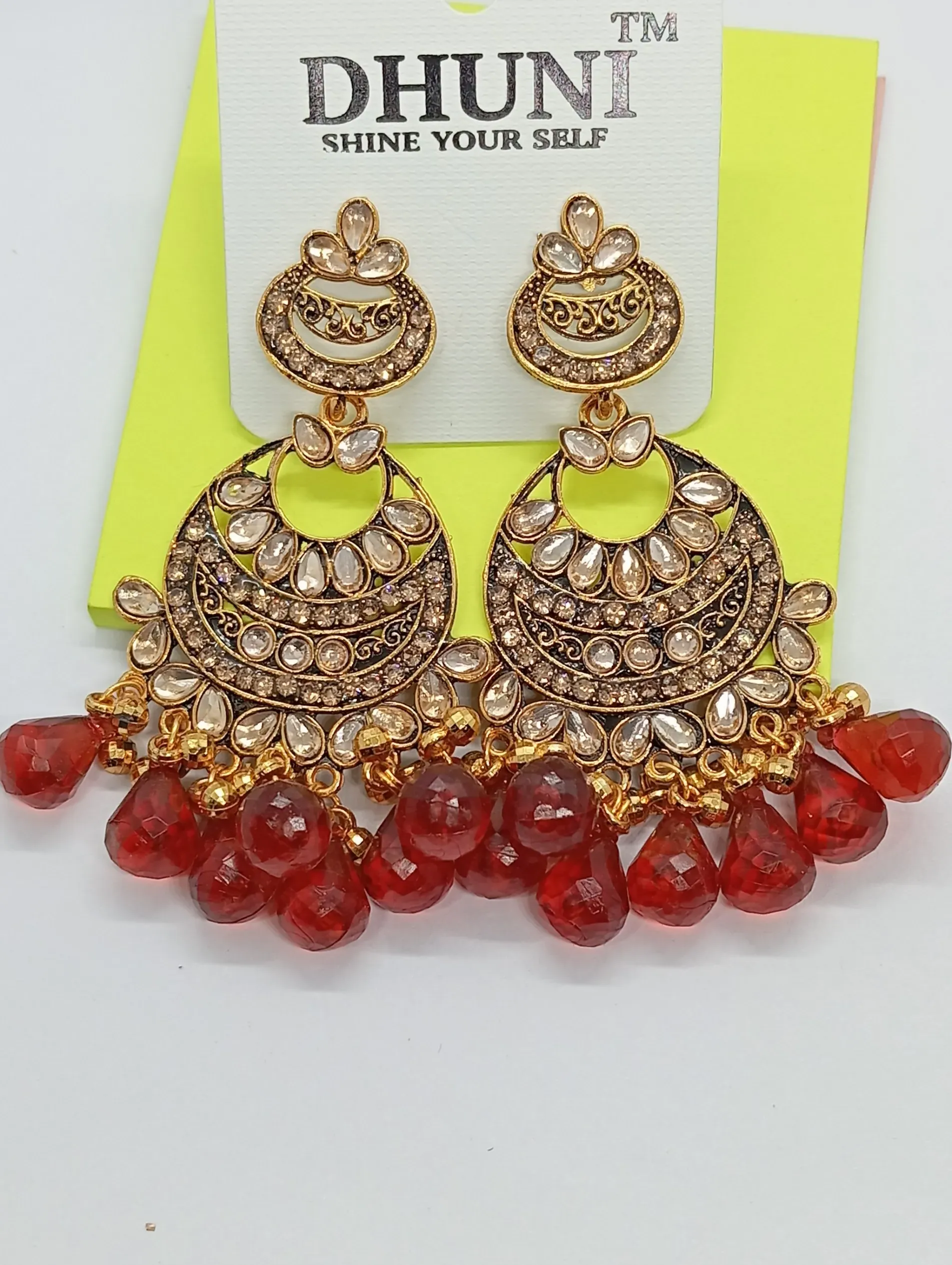 Kundan Style Gold Chandbali Earrings with Red Bead Drops for Women