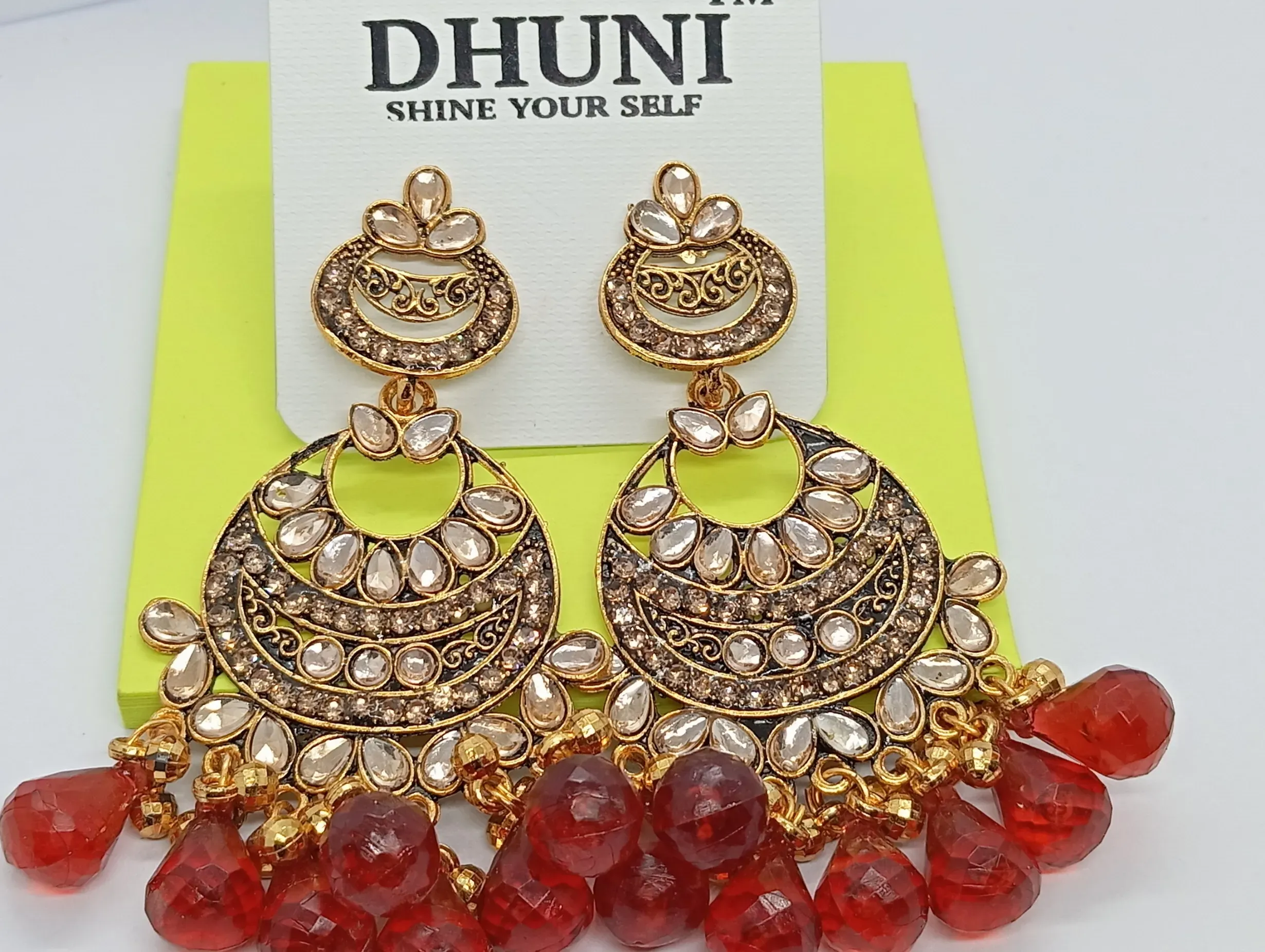 Kundan Style Gold Chandbali Earrings with Red Bead Drops for Women