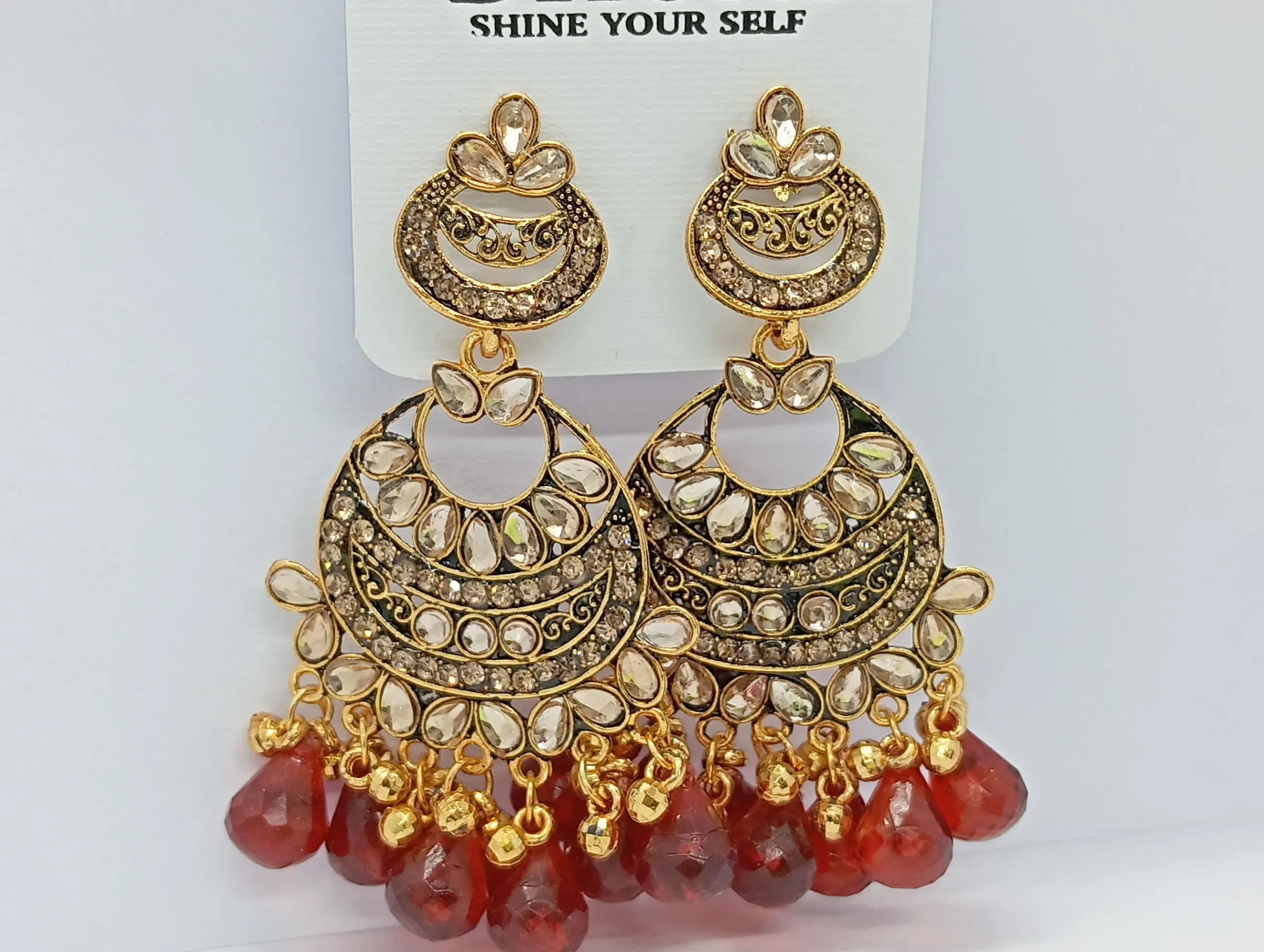 Kundan Style Gold Chandbali Earrings with Red Bead Drops for Women