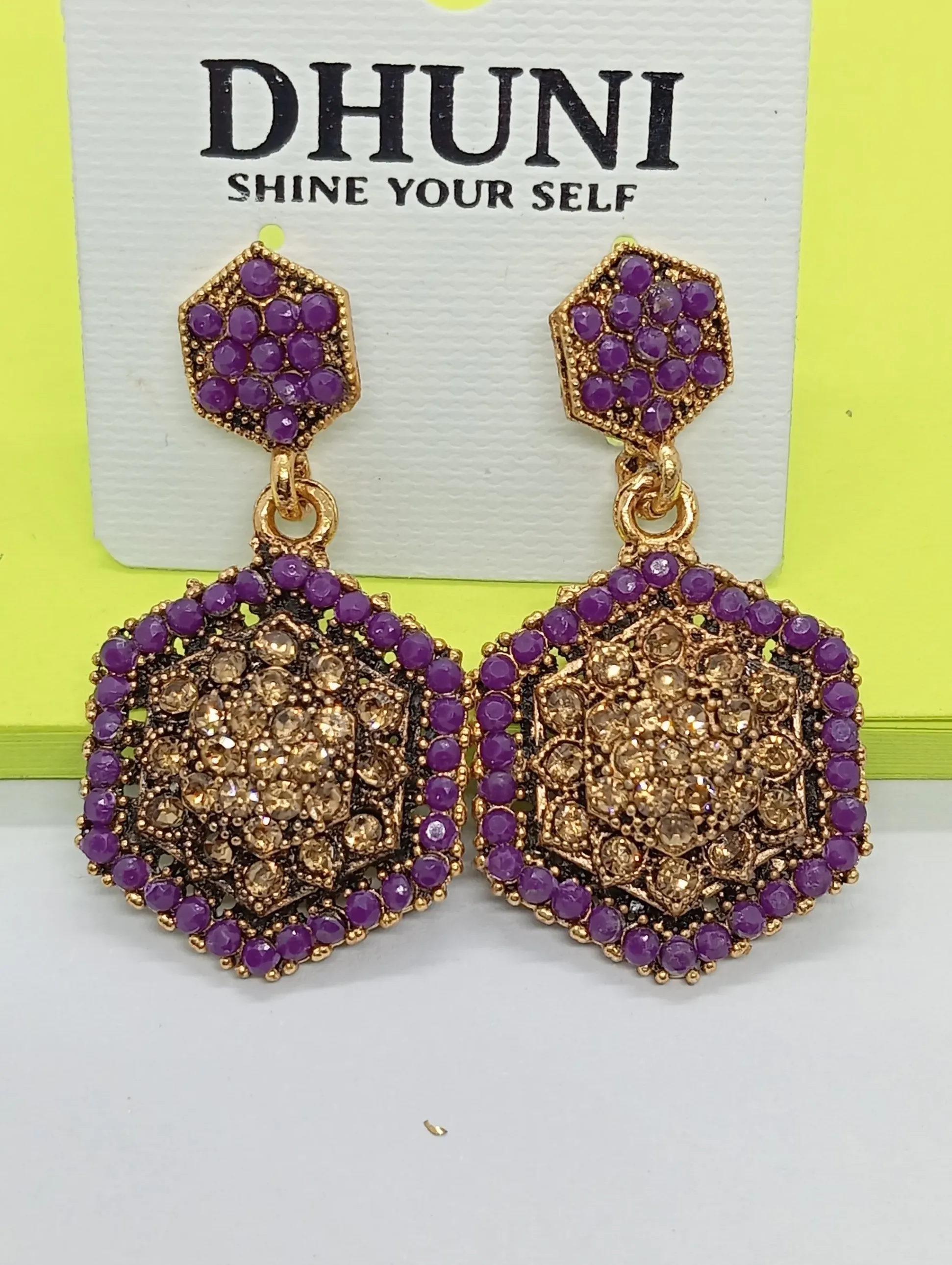 Purple & Gold Hexagon Stud Earrings with Crystal Detailing for Women