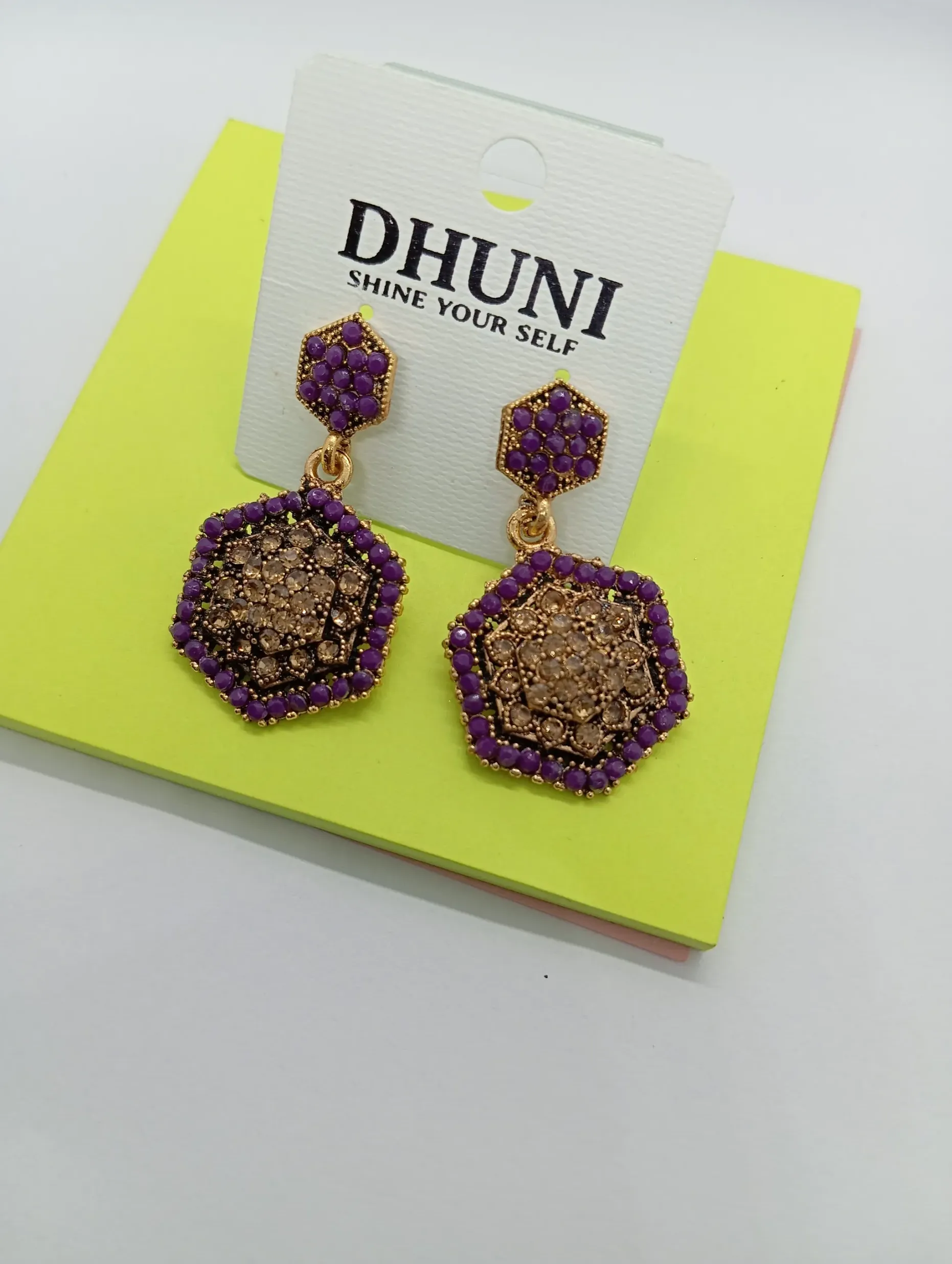 Purple & Gold Hexagon Stud Earrings with Crystal Detailing for Women