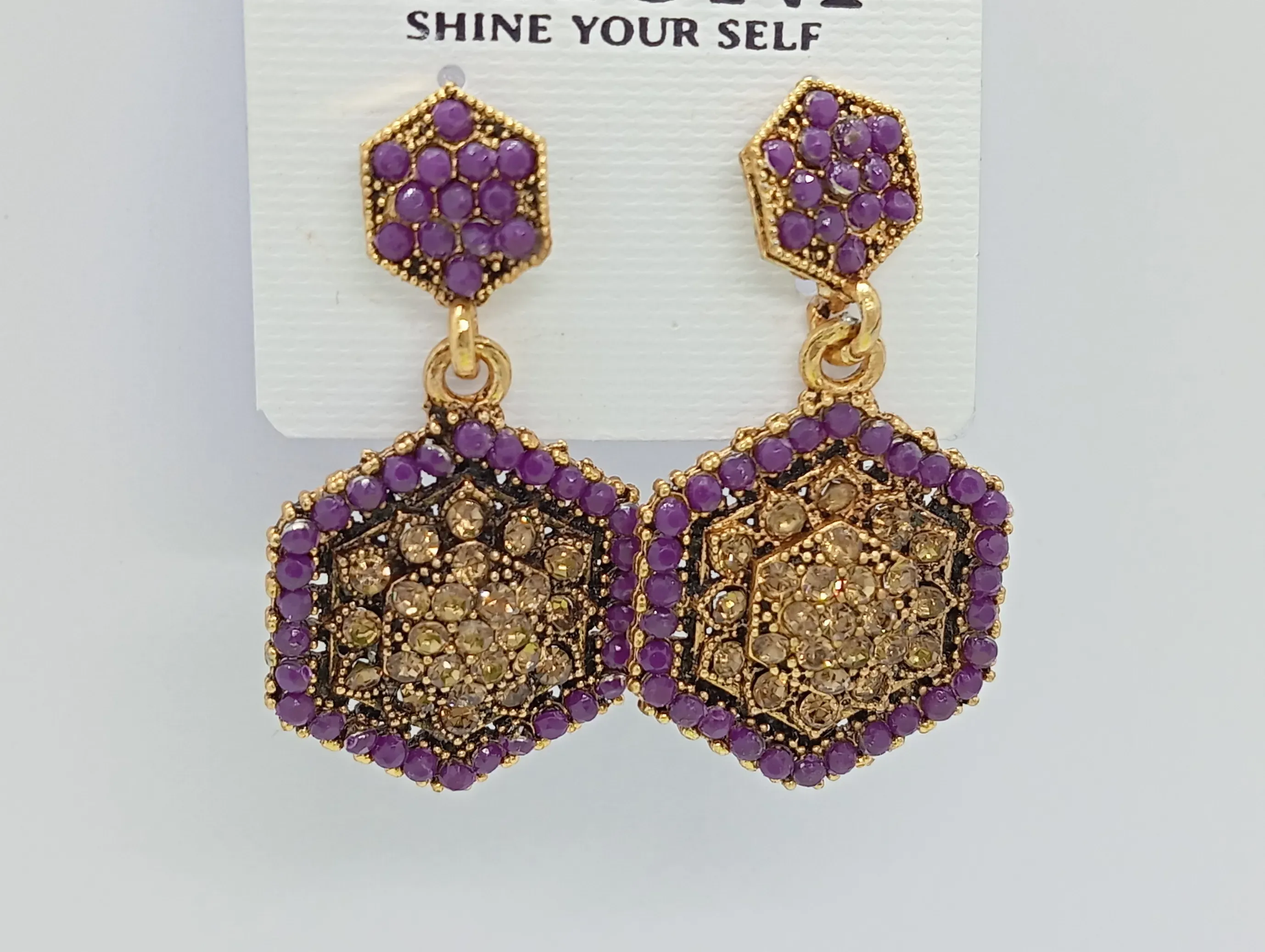 Purple & Gold Hexagon Stud Earrings with Crystal Detailing for Women