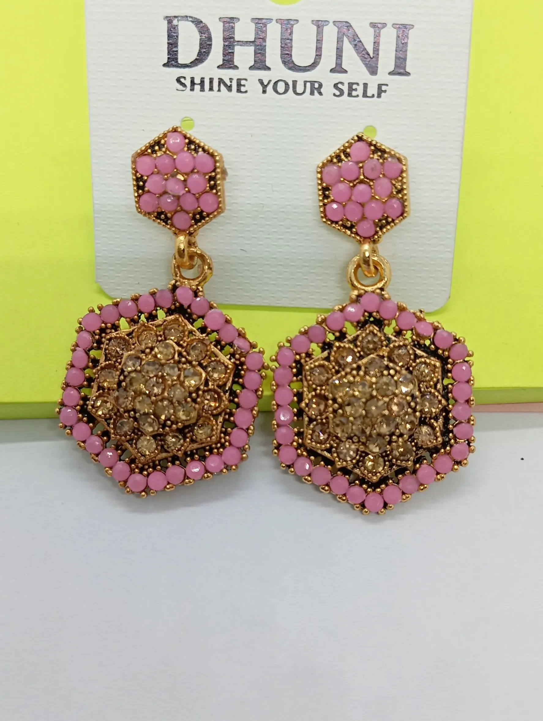 Pink & Gold Hexagon Stud Earrings with Crystal Center for Women